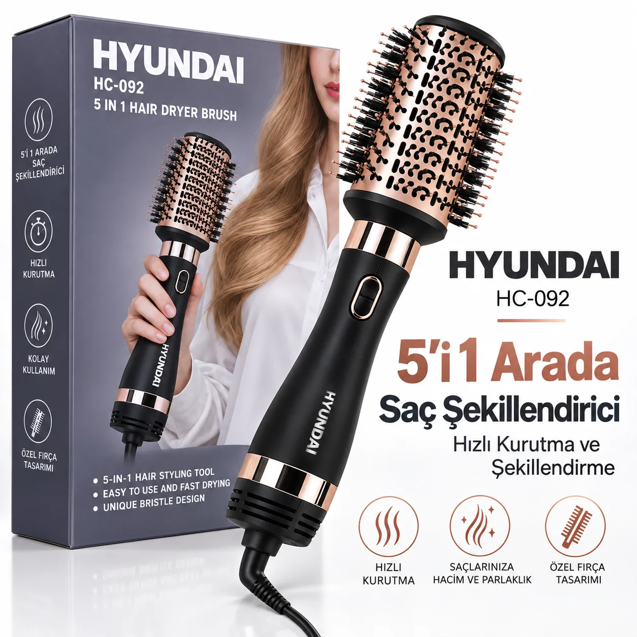 Hyundai HC-092 5'i 1 Arada Saç Şekillendirici Fön Fırçası – Hızlı Kurutma ve Hacim