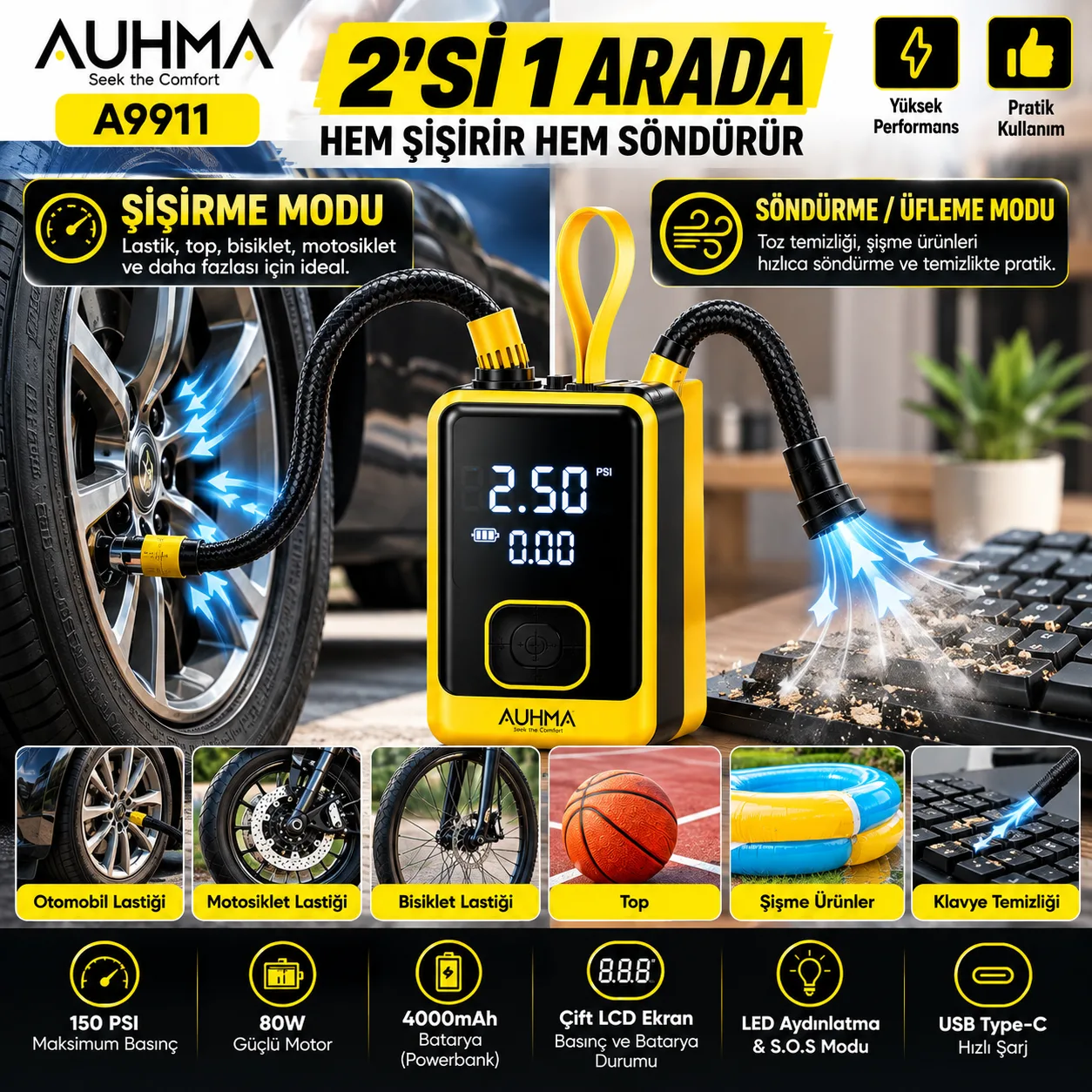 AUHMA A9911 Taşınabilir Dijital Hava Kompresörü – Otomobil, Motosiklet ve Bisiklet Lastik Şişirme Pompası