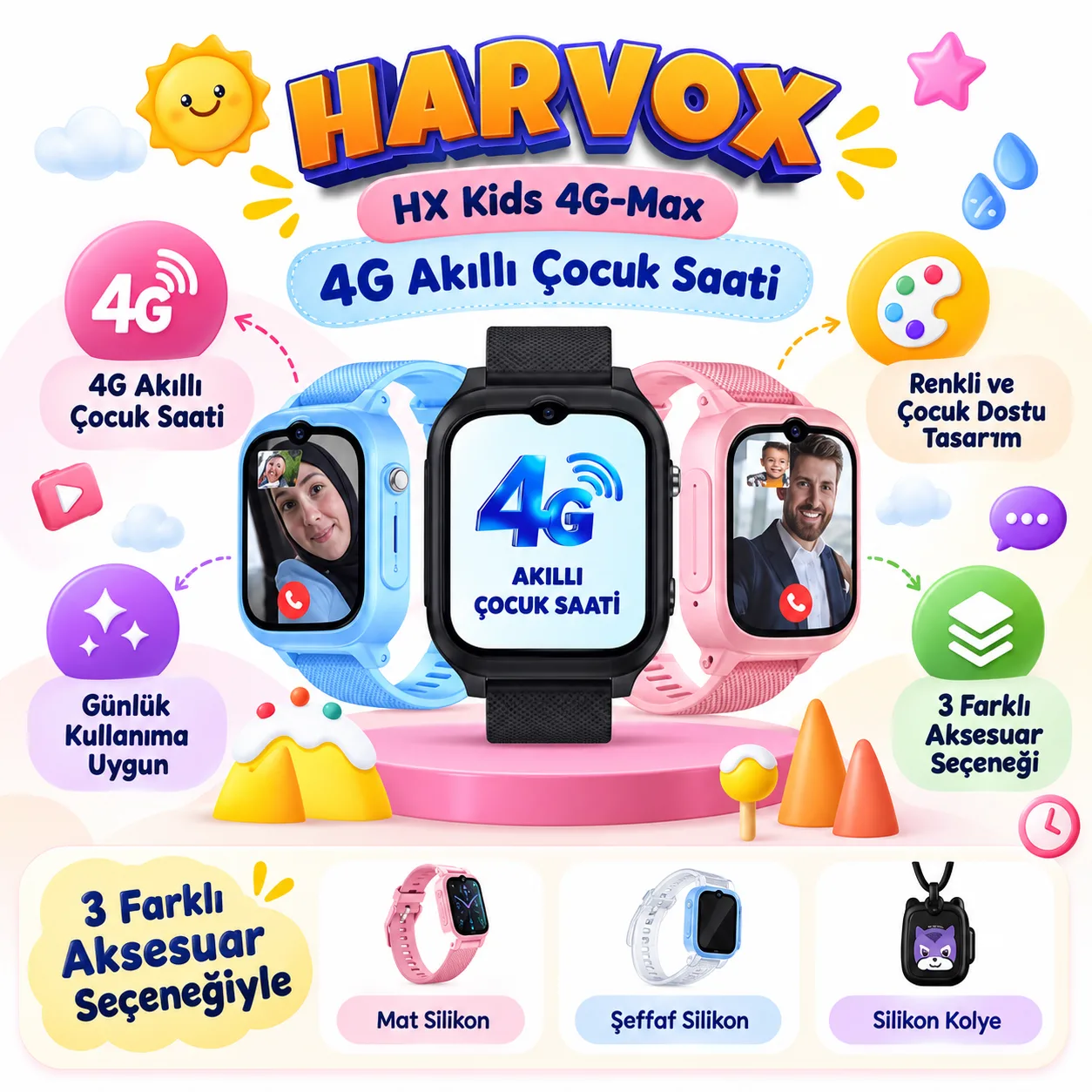 Harvox HX Kids 4G-Max Akıllı Çocuk Saati – 4G Görüntülü Görüşme ve 3 Aksesuar Seçenekli