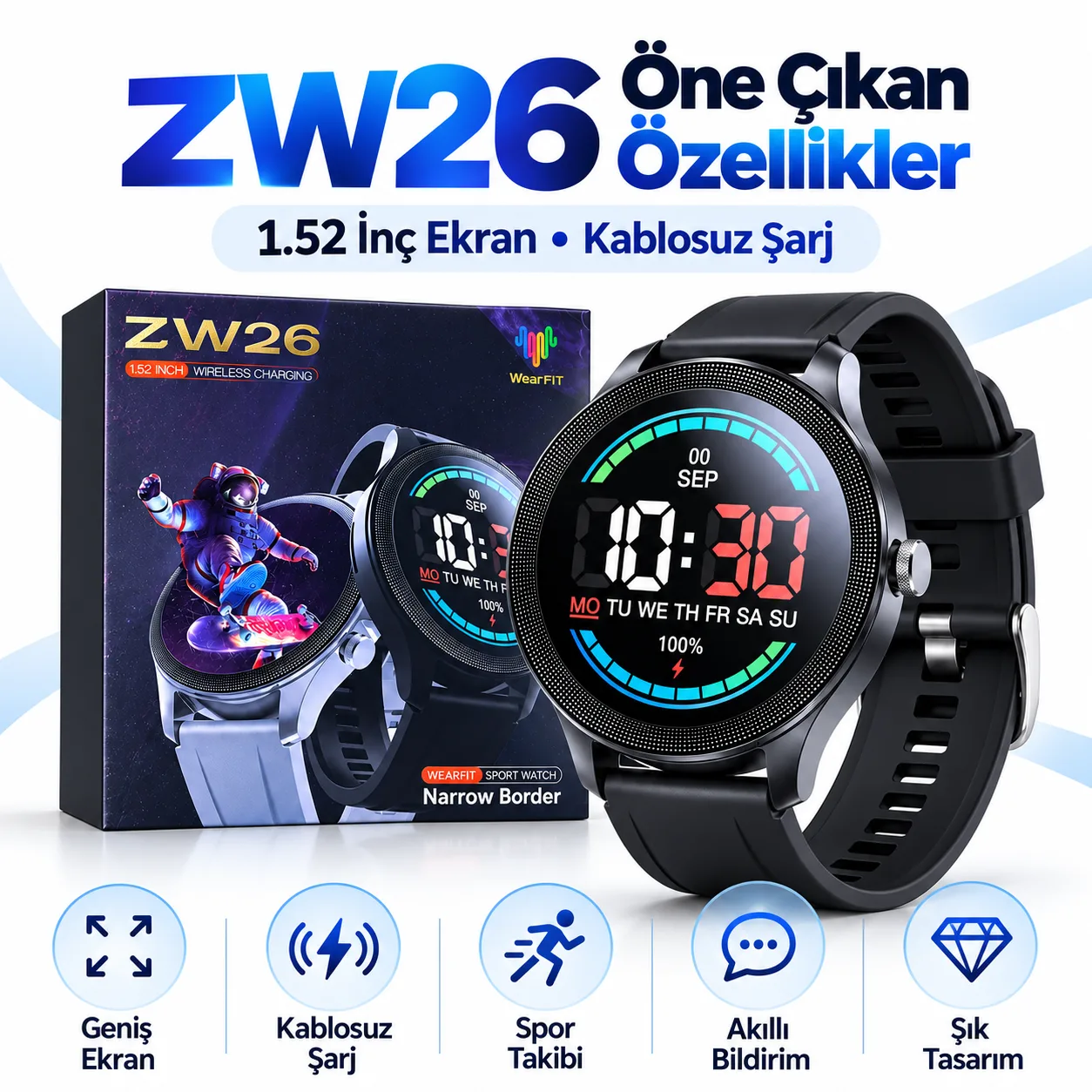 ZW26 Akıllı Saat – 1.52 İnç Geniş Ekran, Kablosuz Şarj ve WearFit Desteği