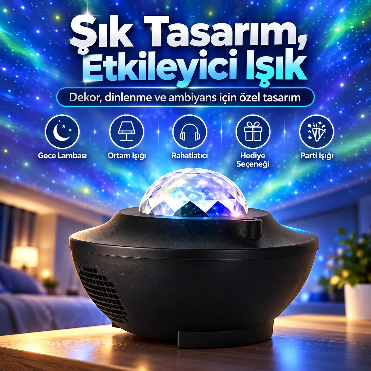 Starry Projector Light Yıldızlı Gece Lambası – Ambiyans ve Parti Işığı