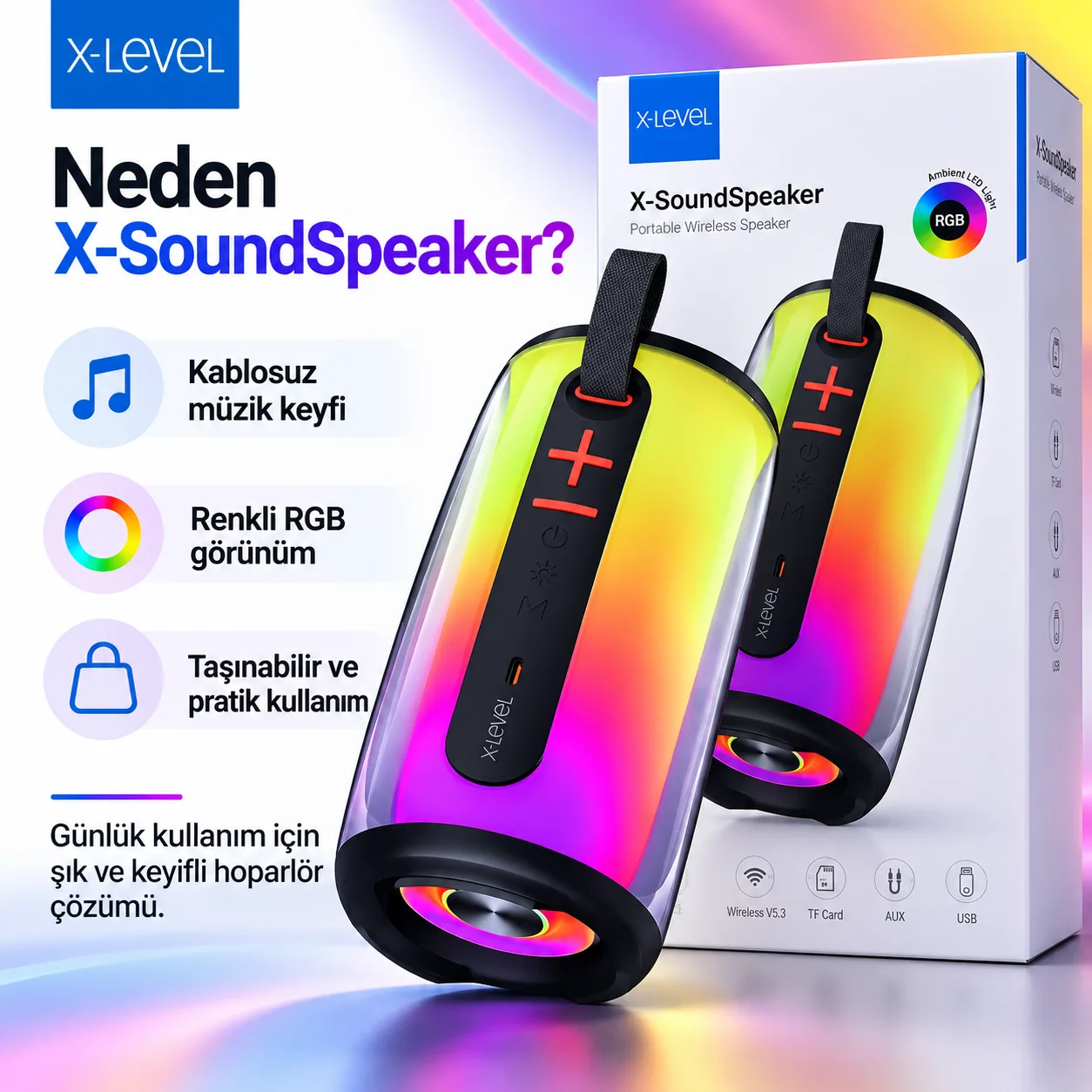 X-Level X-SoundSpeaker RGB Bluetooth Hoparlör – Bluetooth 5.3, TF Kart, AUX ve USB Destekli
