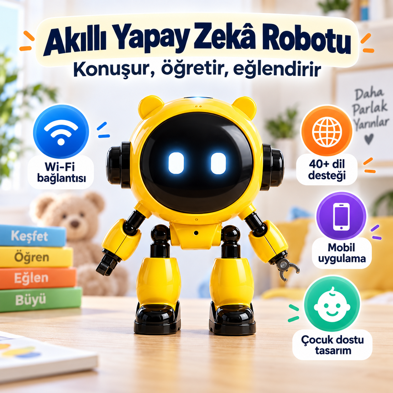 Çocuklar İçin Türkçe Konuşan Yapay Zeka Robotu – 40+ Dil, Wi-Fi ve Mobil Uygulama