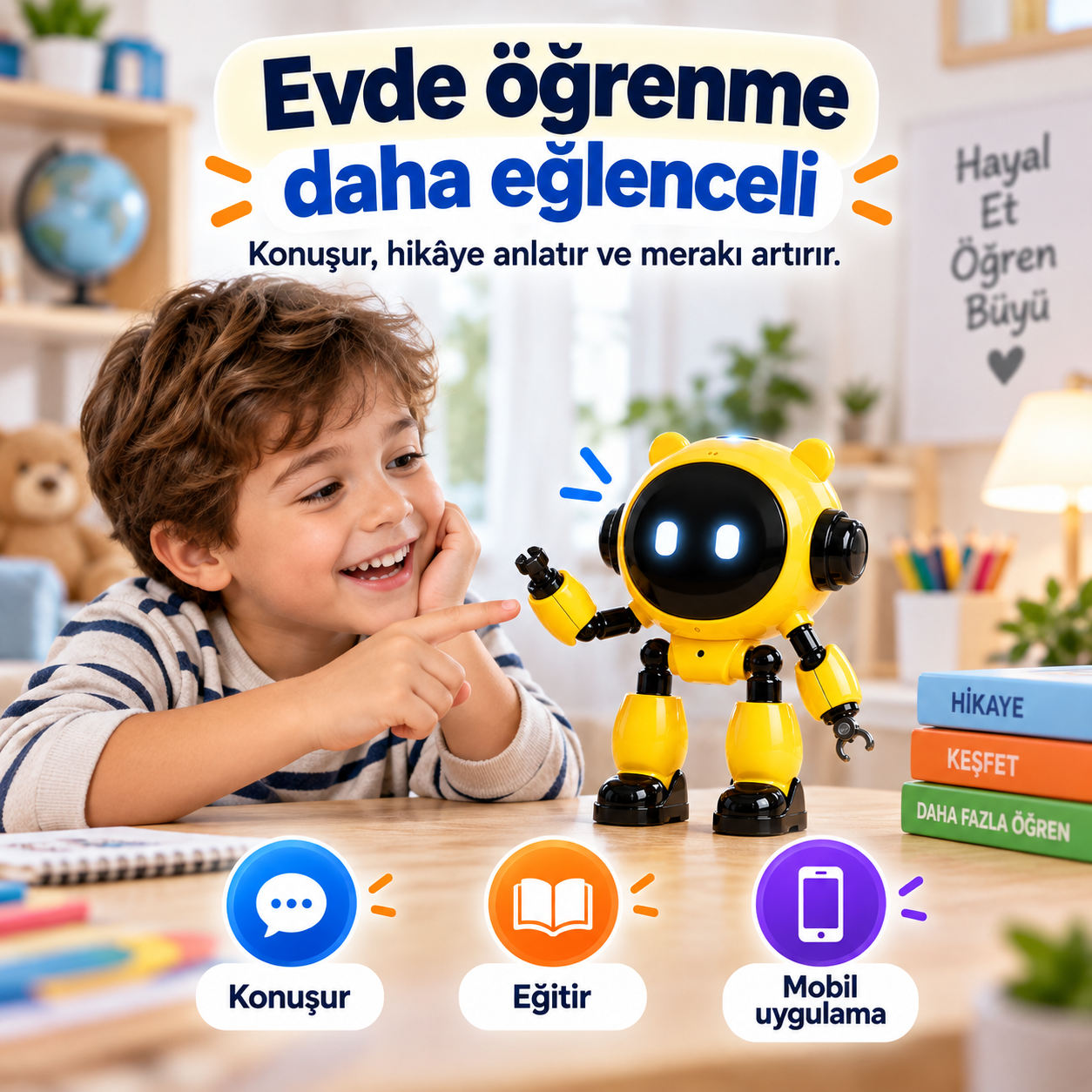 Çocuklar İçin Türkçe Konuşan Yapay Zeka Robotu – 40+ Dil, Wi-Fi ve Mobil Uygulama