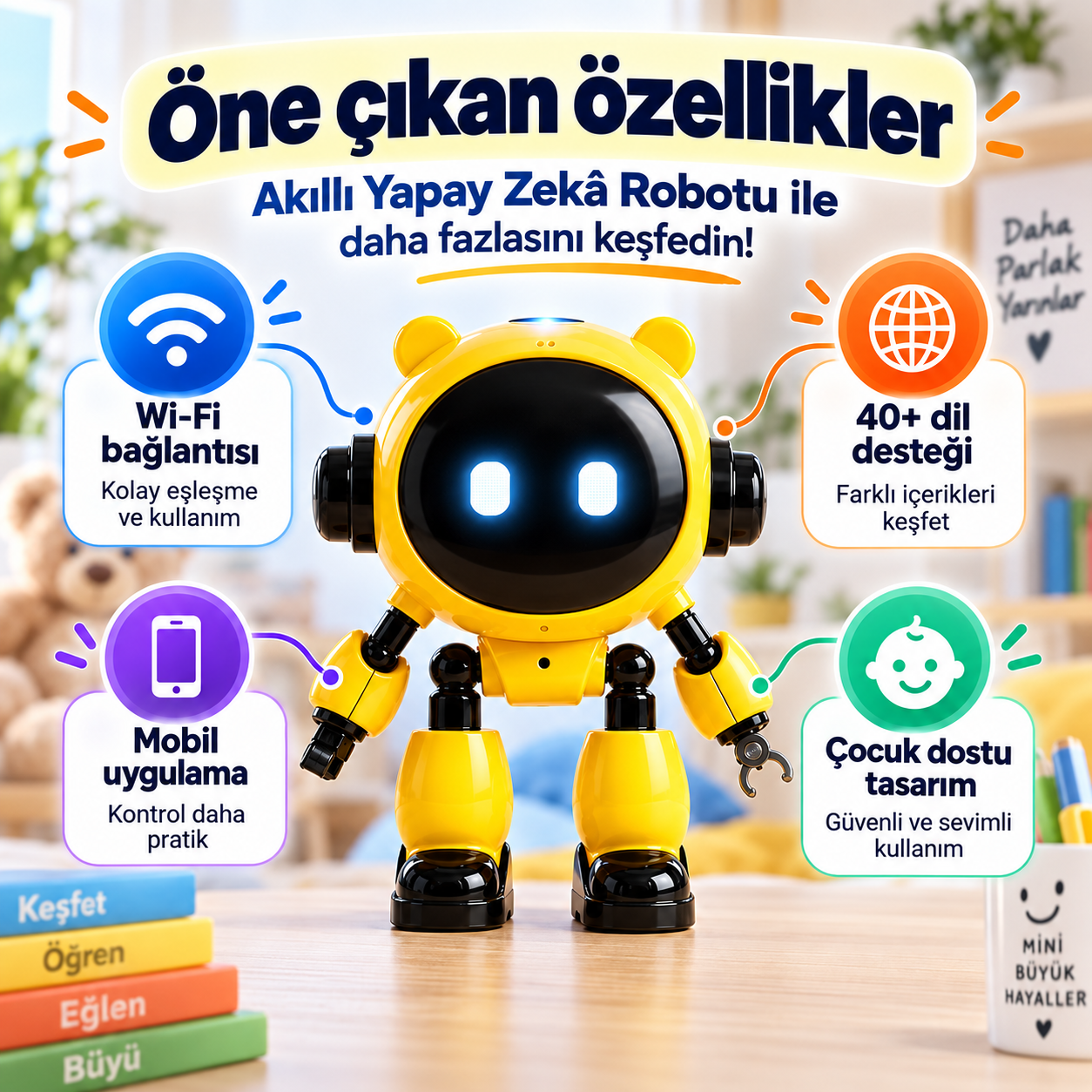 Çocuklar İçin Türkçe Konuşan Yapay Zeka Robotu – 40+ Dil, Wi-Fi ve Mobil Uygulama