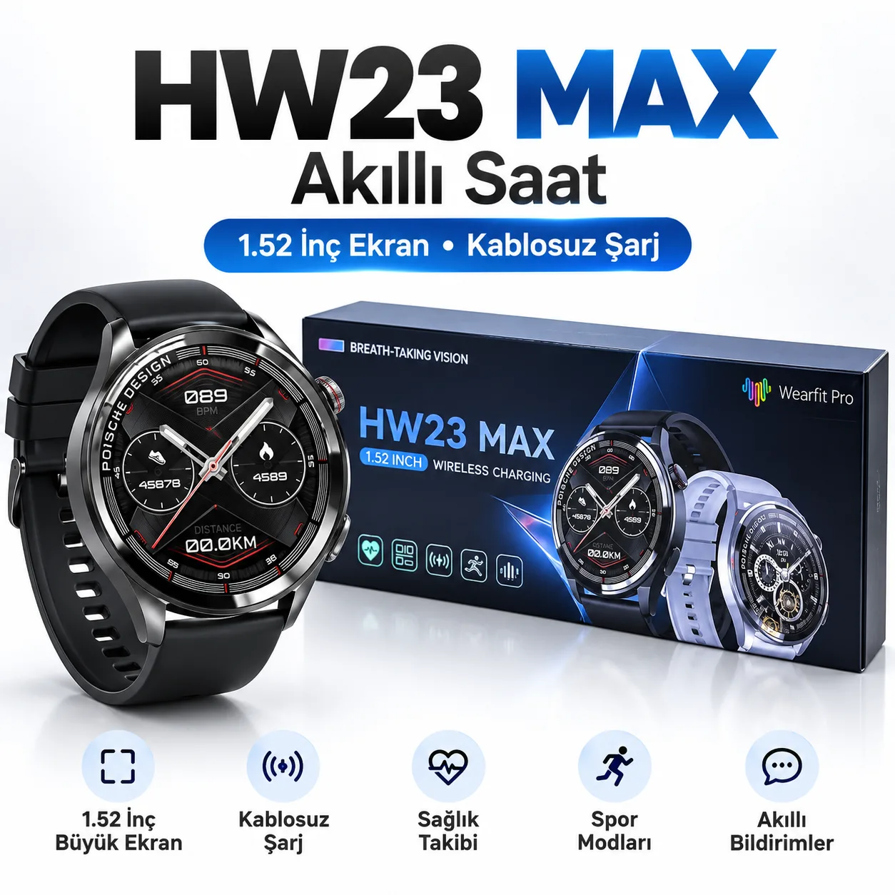 HW23 MAX Akıllı Saat – 1.52 İnç Geniş Ekran, Kablosuz Şarj ve WearFit Pro