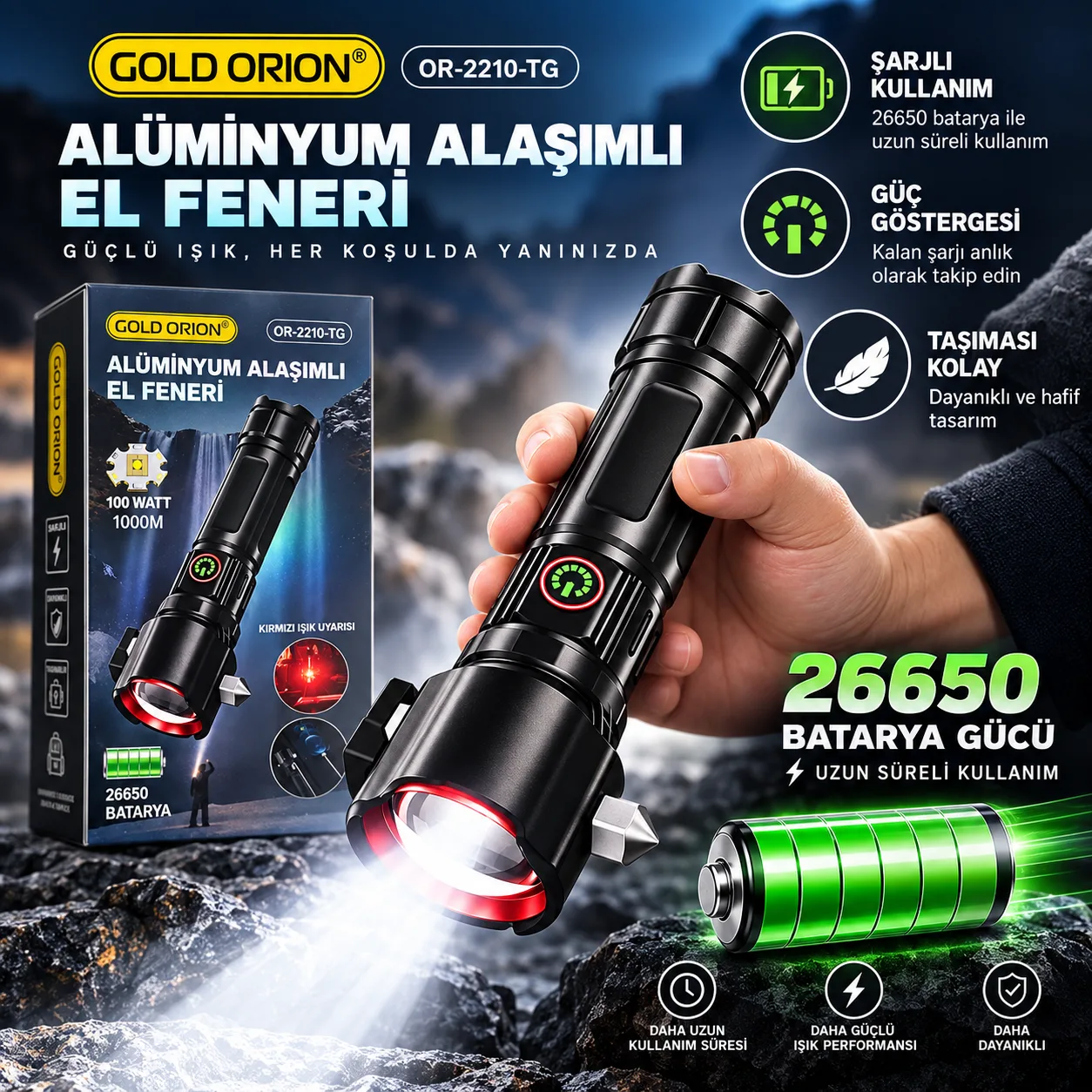 Gold Orion OR-2210-TG 100W Şarjlı El Feneri – 1000 Metre Menzil, Alüminyum Alaşım