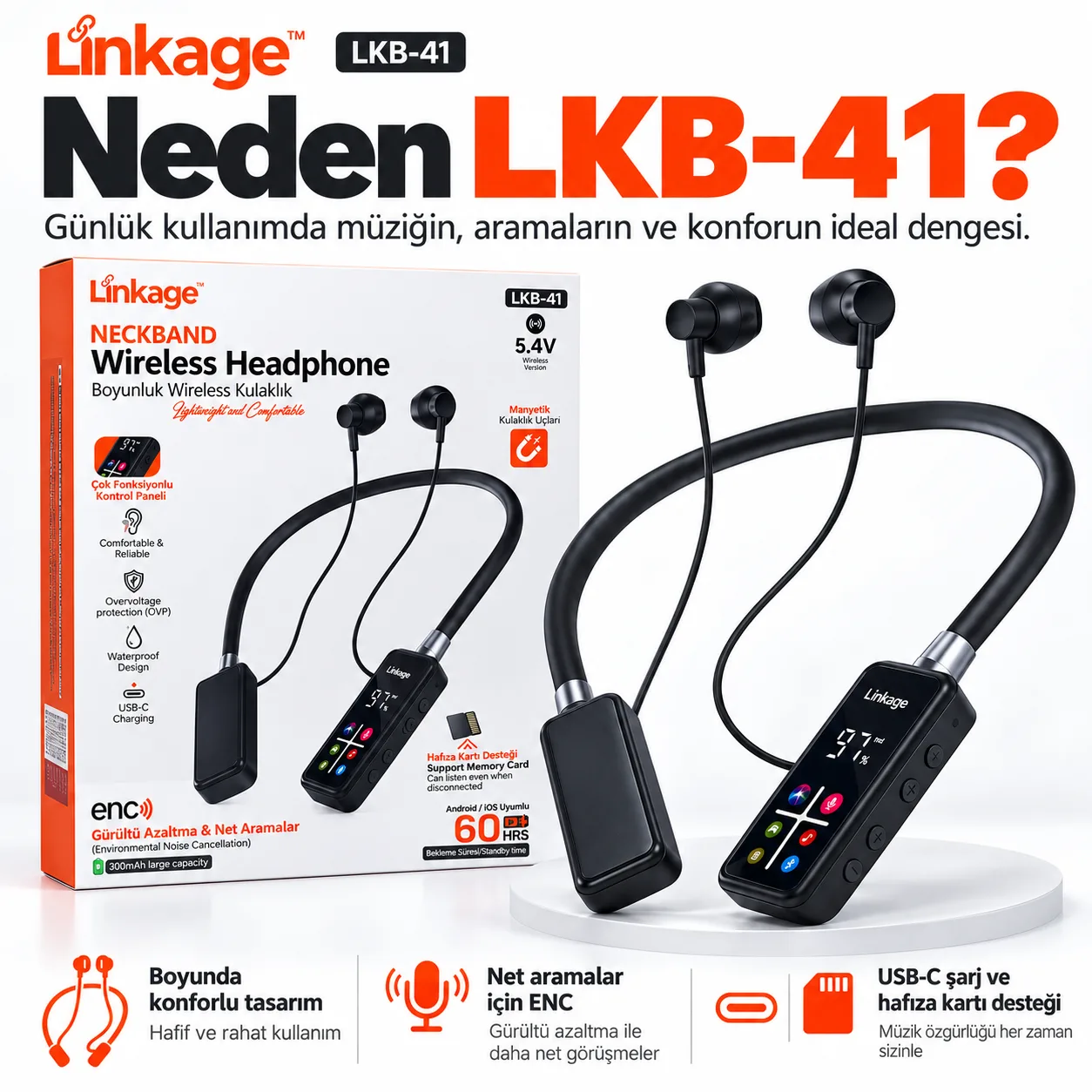 Linkage LKB-41 Boyunluk Bluetooth Kulaklık – Bluetooth 5.4, ENC Gürültü Azaltma ve Hafıza Kartı Destekli