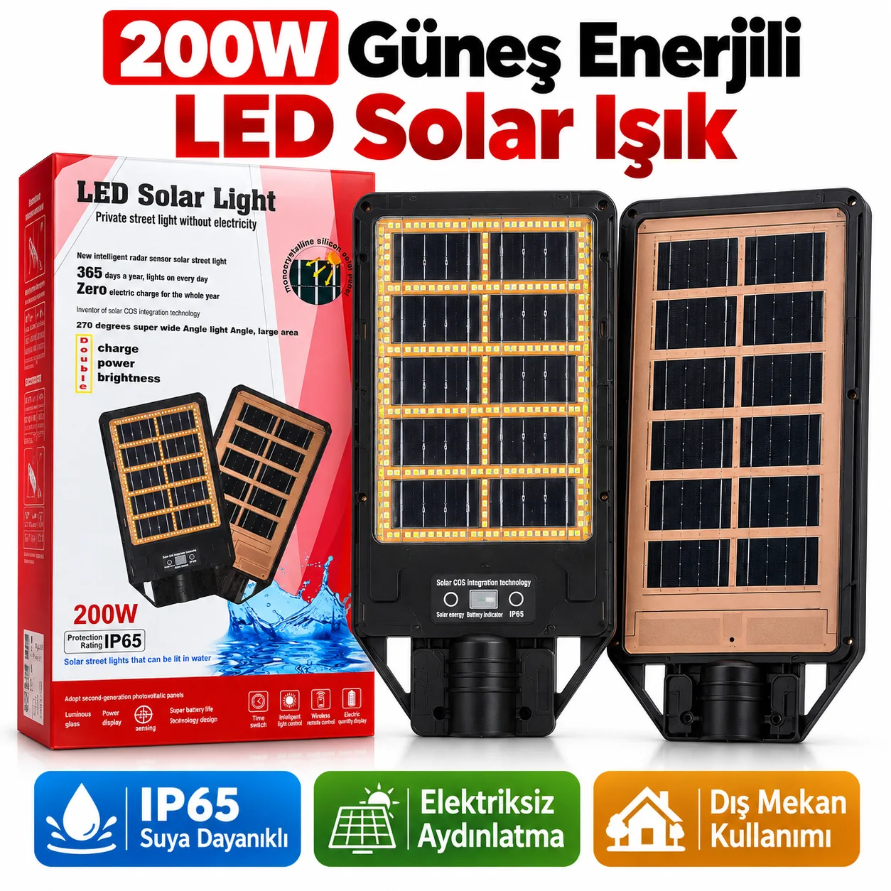 200W Güneş Enerjili LED Solar Sokak Lambası – IP65, Sensörlü ve Kumandalı Dış Mekan Aydınlatma