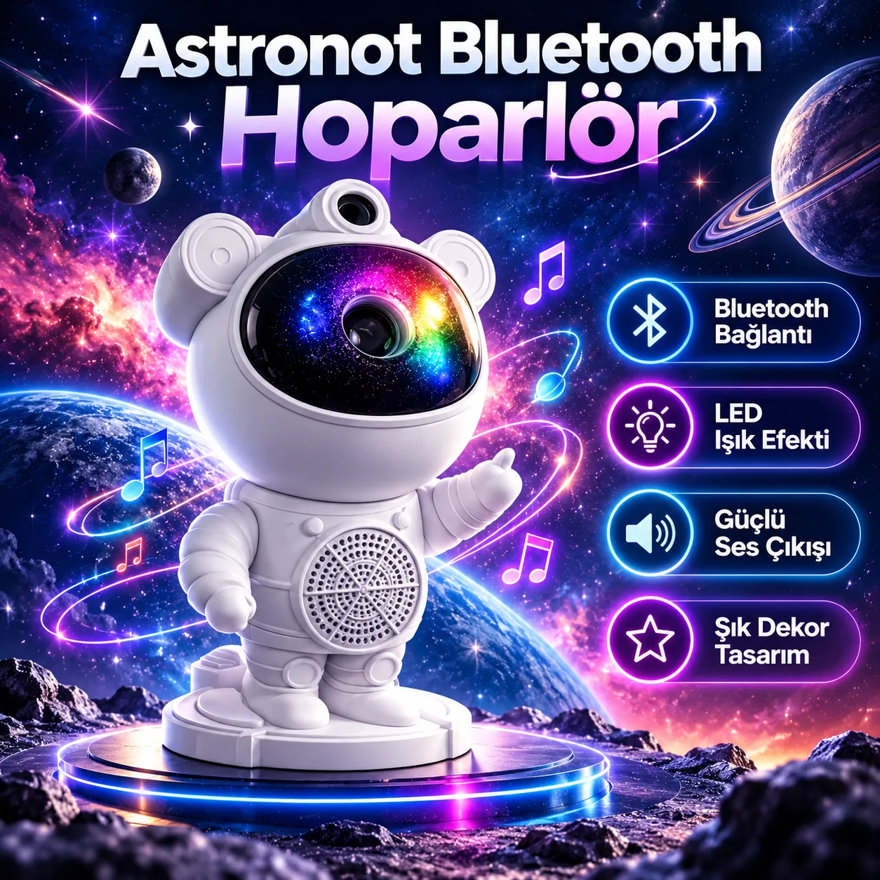 Astronot Bluetooth Hoparlörlü Gece Lambası – LED Işıklı