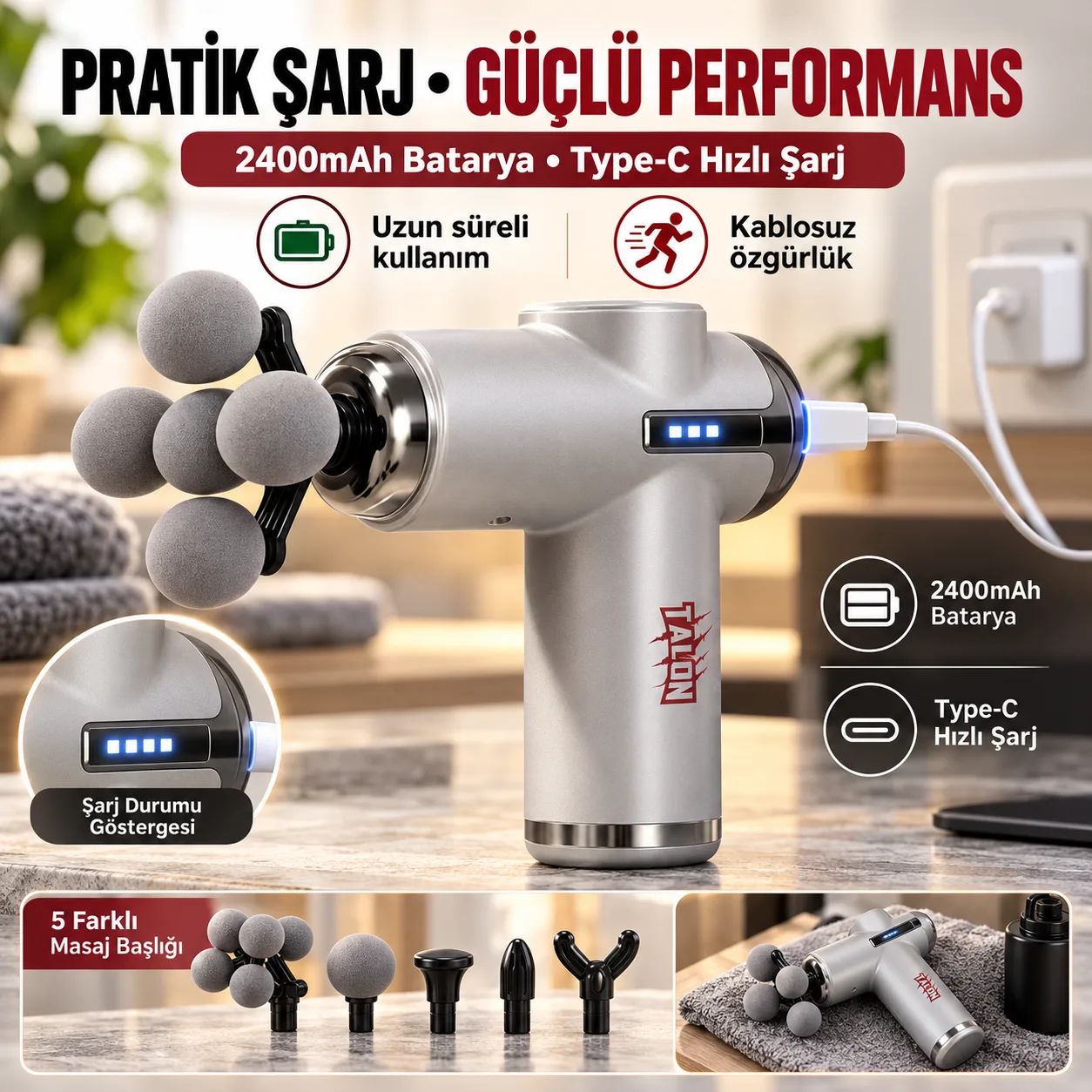 Talon TLN3 Çift Bataryalı Masaj Tabancası – 5 Başlıklı, 6 Kademeli Titreşim, 2400 mAh