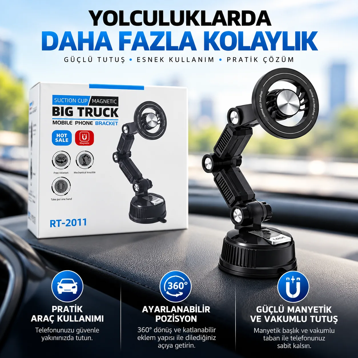 RT-2011 Manyetik Araç Telefon Tutucu – Vakumlu, 360° Ayarlanabilir Güçlü Mıknatıslı Tutacak