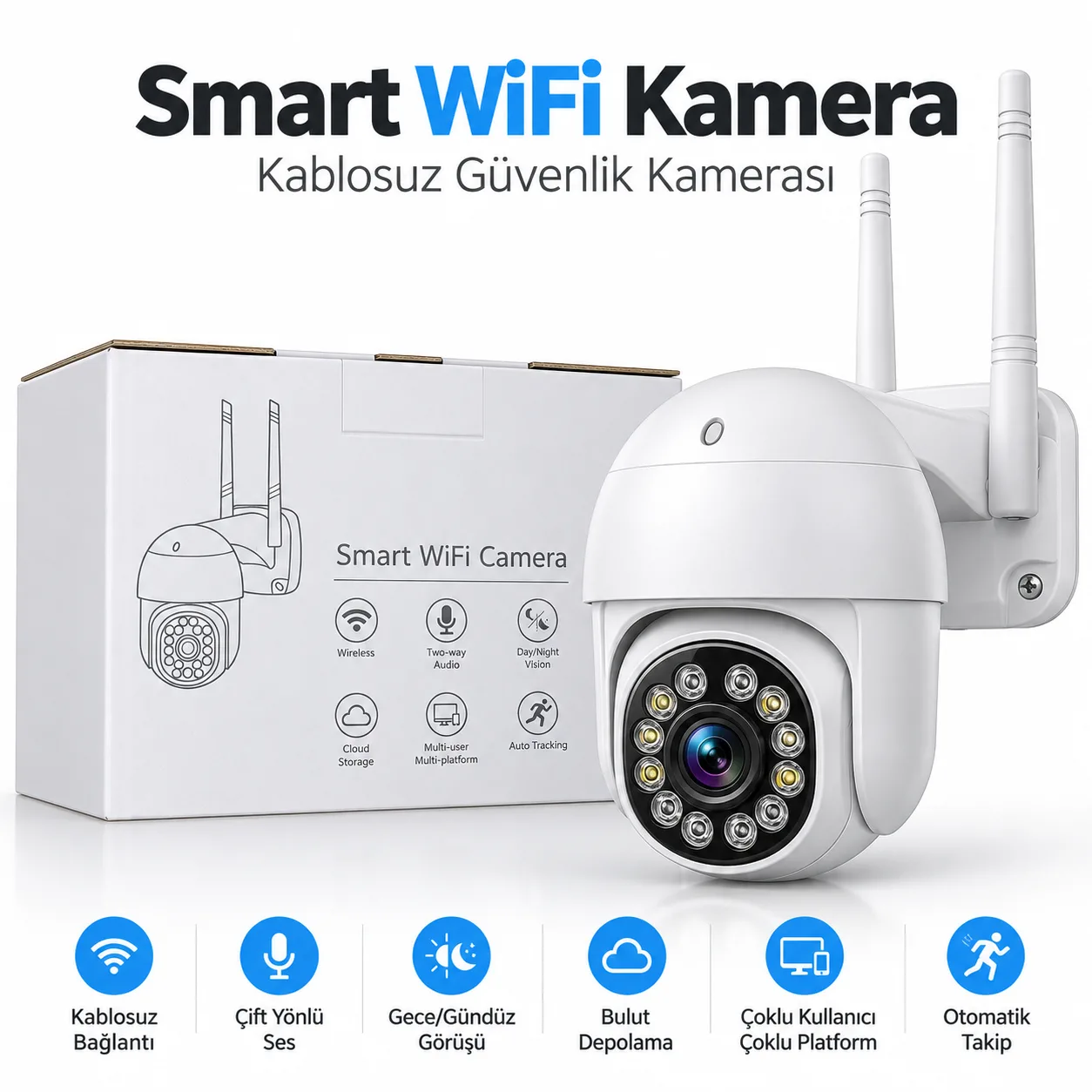 Smart WiFi PTZ Güvenlik Kamerası – Otomatik Takip, Gece Görüşü ve Çift Yönlü Ses