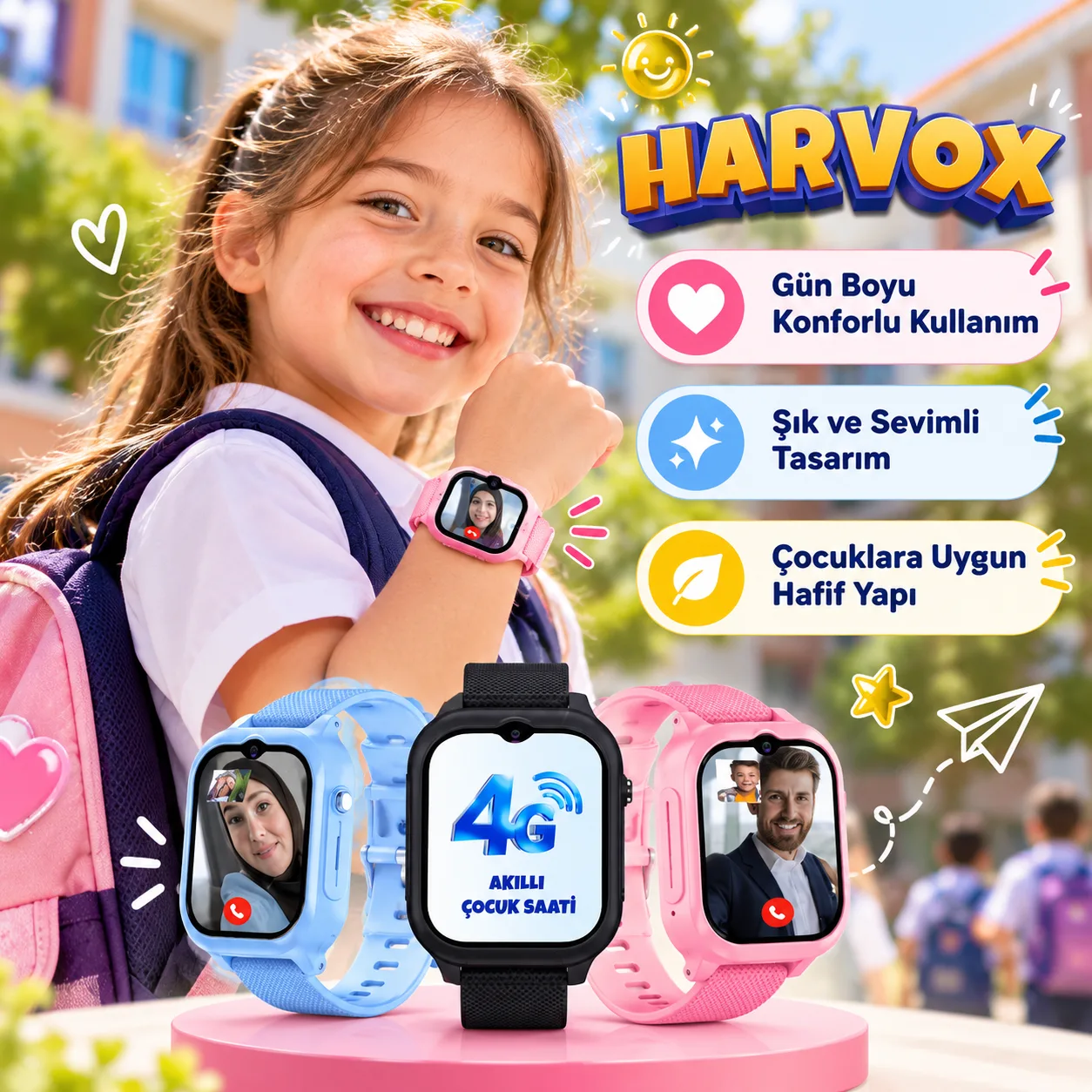 Harvox HX Kids 4G-Max Akıllı Çocuk Saati – 4G Görüntülü Görüşme ve 3 Aksesuar Seçenekli