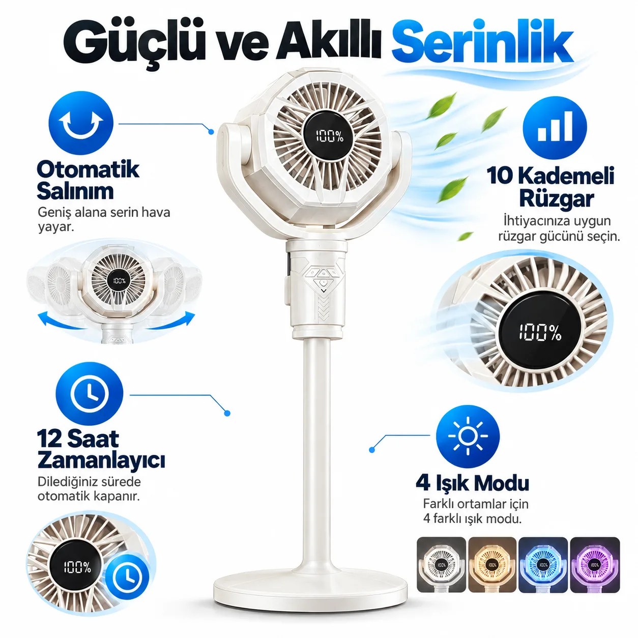F10 Çok Amaçlı Ayaklı Vantilatör – 10 Kademeli, Otomatik Salınımlı, Kumandalı ve Zamanlayıcılı
