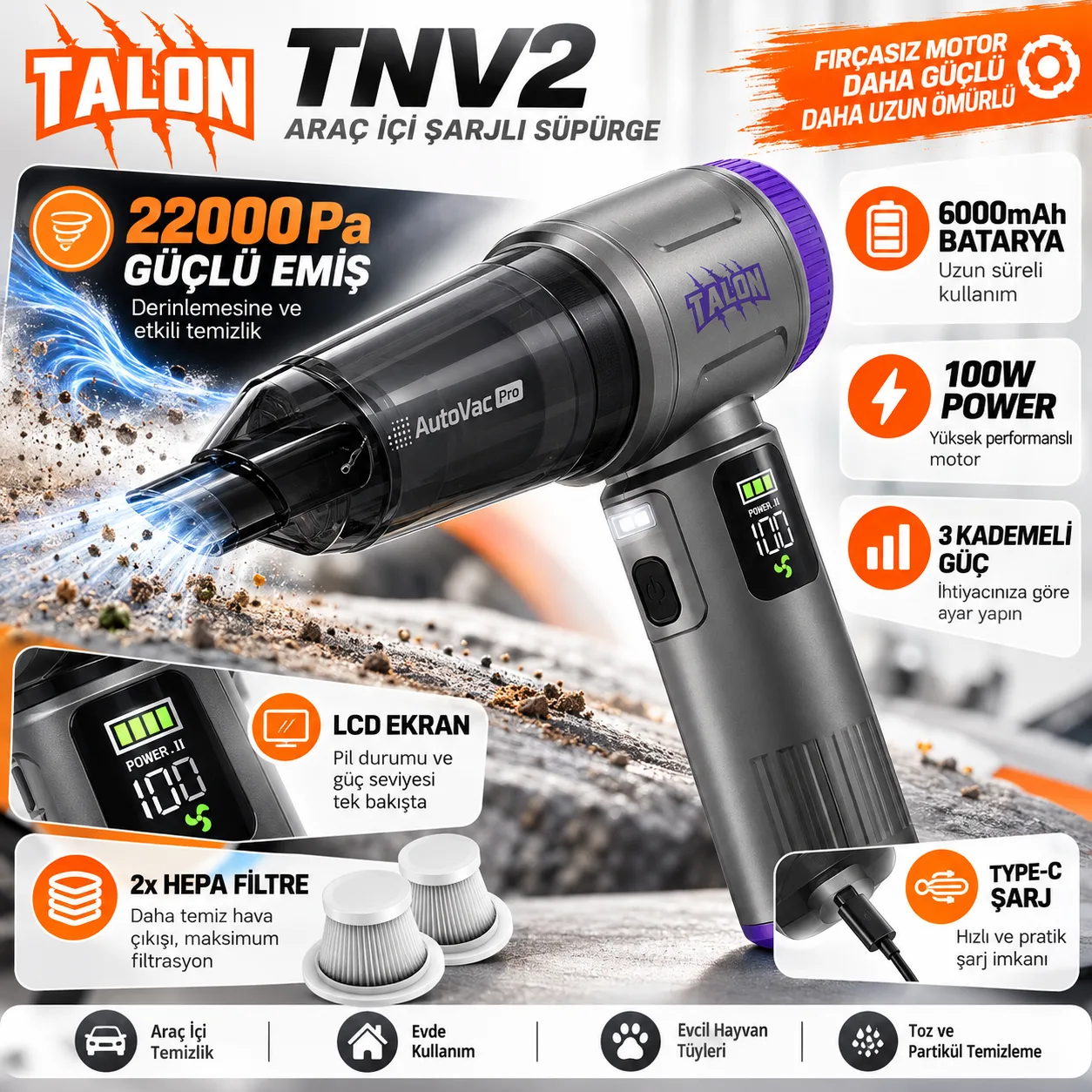 Talon TNV2 AutoVac Pro Kablosuz Araç İçi Süpürge – 22.000 Pa, 6000 mAh, 100W Brushless Motor