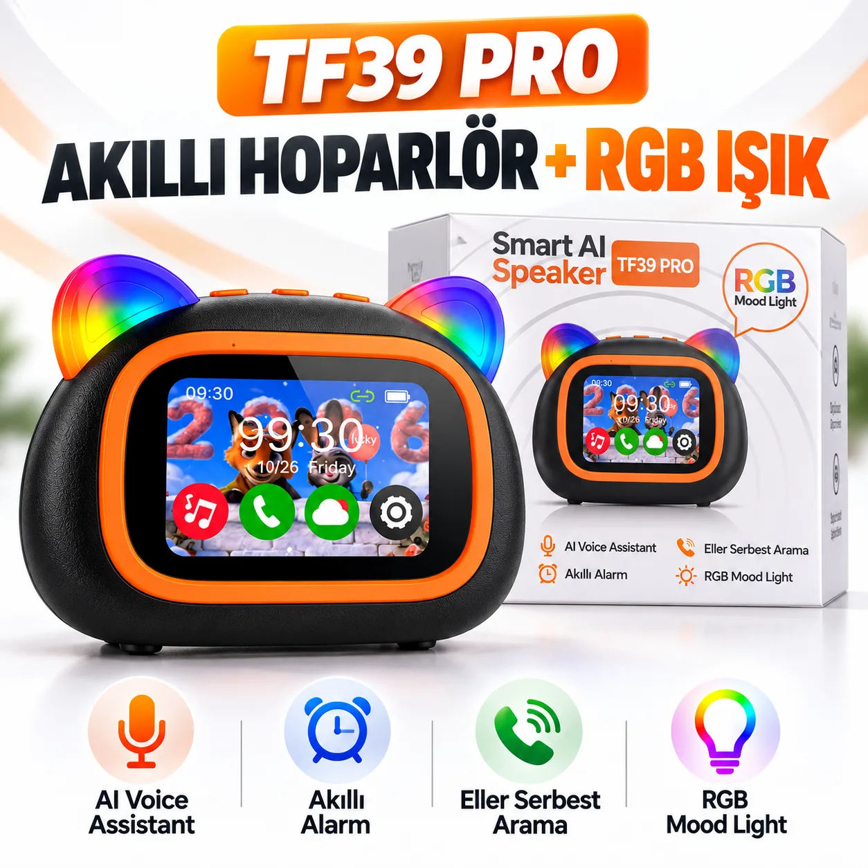 TF39 Pro Akıllı AI Hoparlör – RGB Işık, Sesli Asistan, Akıllı Alarm ve Eller Serbest Arama