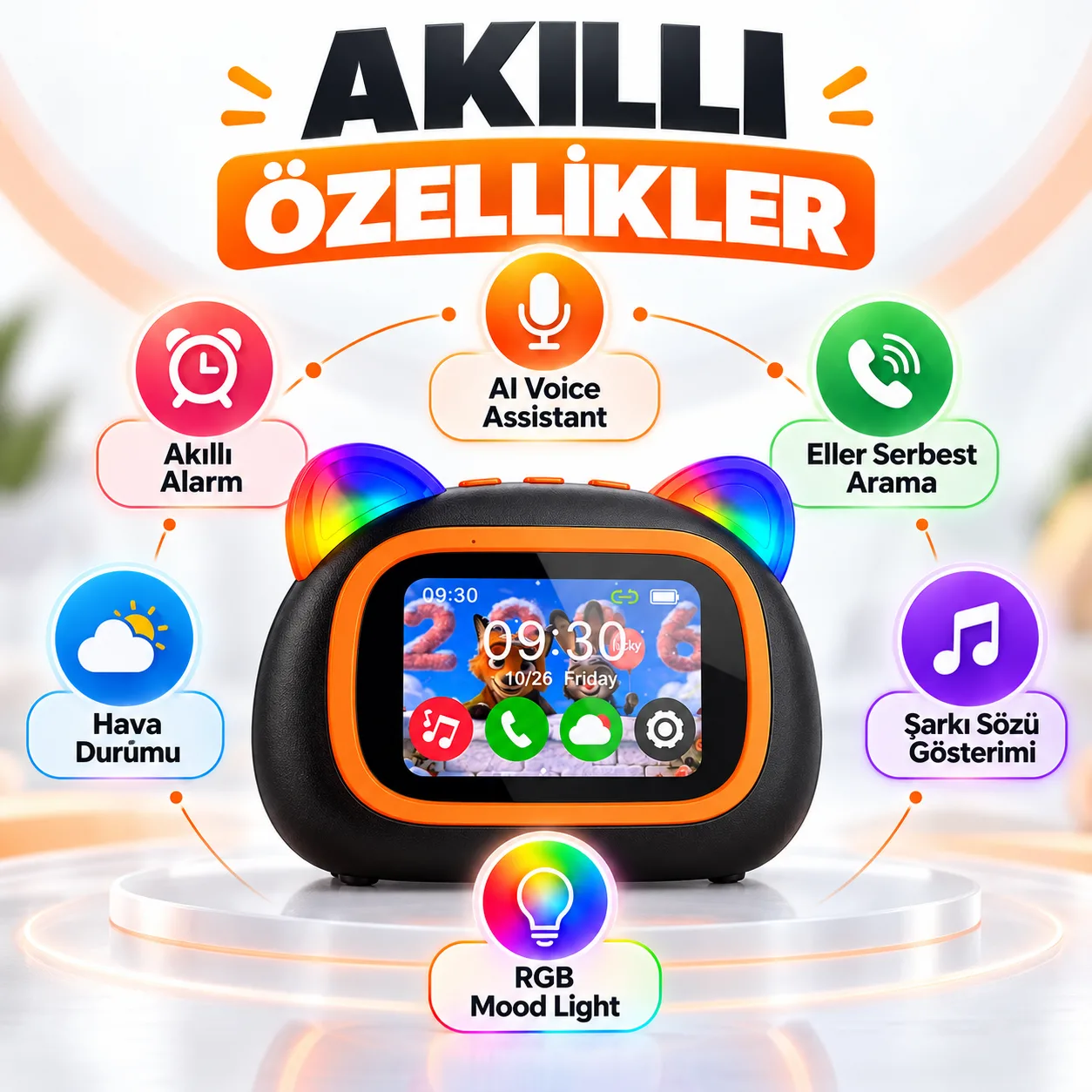 TF39 Pro Akıllı AI Hoparlör – RGB Işık, Sesli Asistan, Akıllı Alarm ve Eller Serbest Arama
