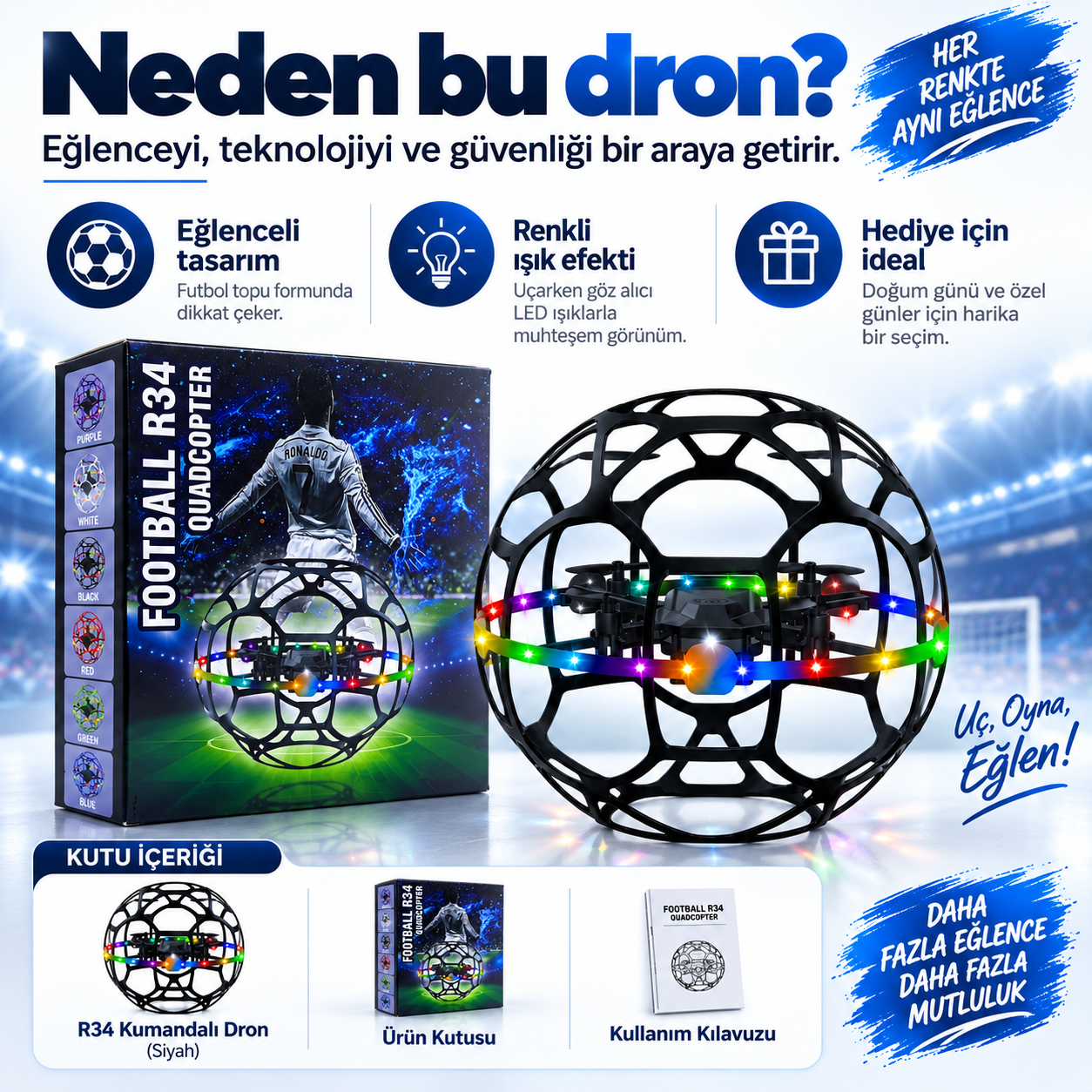 R34 Futbol Topu Tasarımlı Kumandalı Drone – LED Işıklı Koruyucu Kafesli Mini Drone