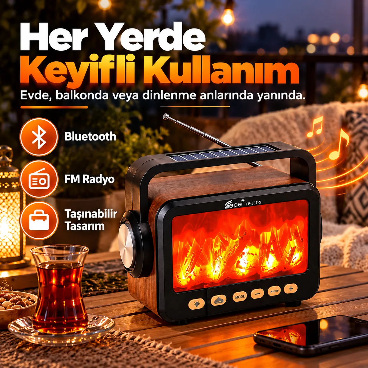 FP-337-S Kablosuz Bluetooth Hoparlör – Alev Efektli, Solar Şarjlı, FM Radyolu ve USB/TF Kart Destekli