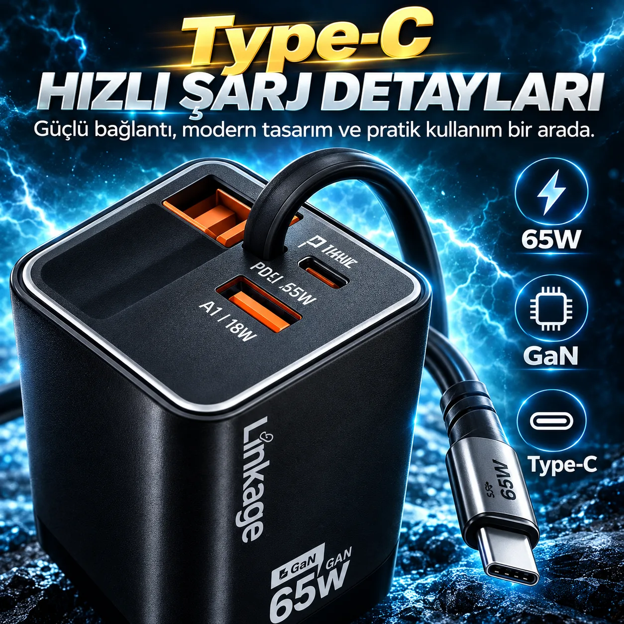 65W GaN Hızlı Şarj Adaptörü – Type-C PD, USB