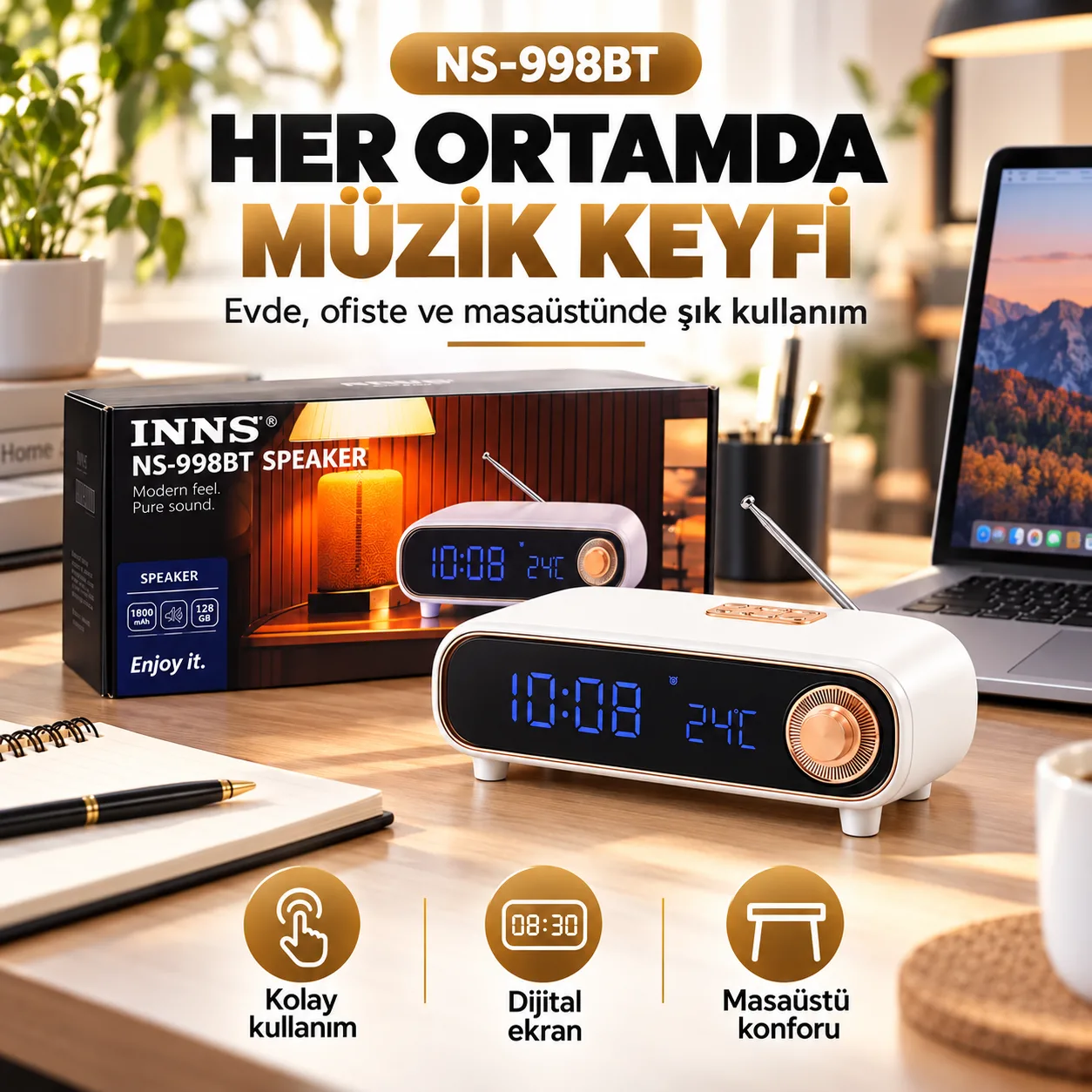 INNS NS-998BT Kablosuz Masaüstü Hoparlör – Dijital Saat Ekranı, FM Radyo ve 128 GB Kart Desteği