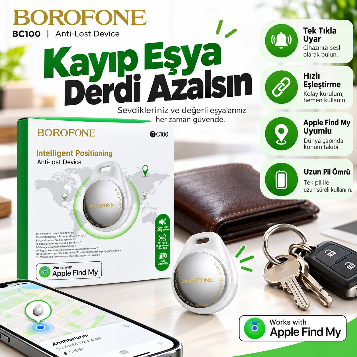 Borofone BC100 Apple Find My Uyumlu Akıllı Konum Takip Cihazı – Kayıp Önleyici Bluetooth Tracker