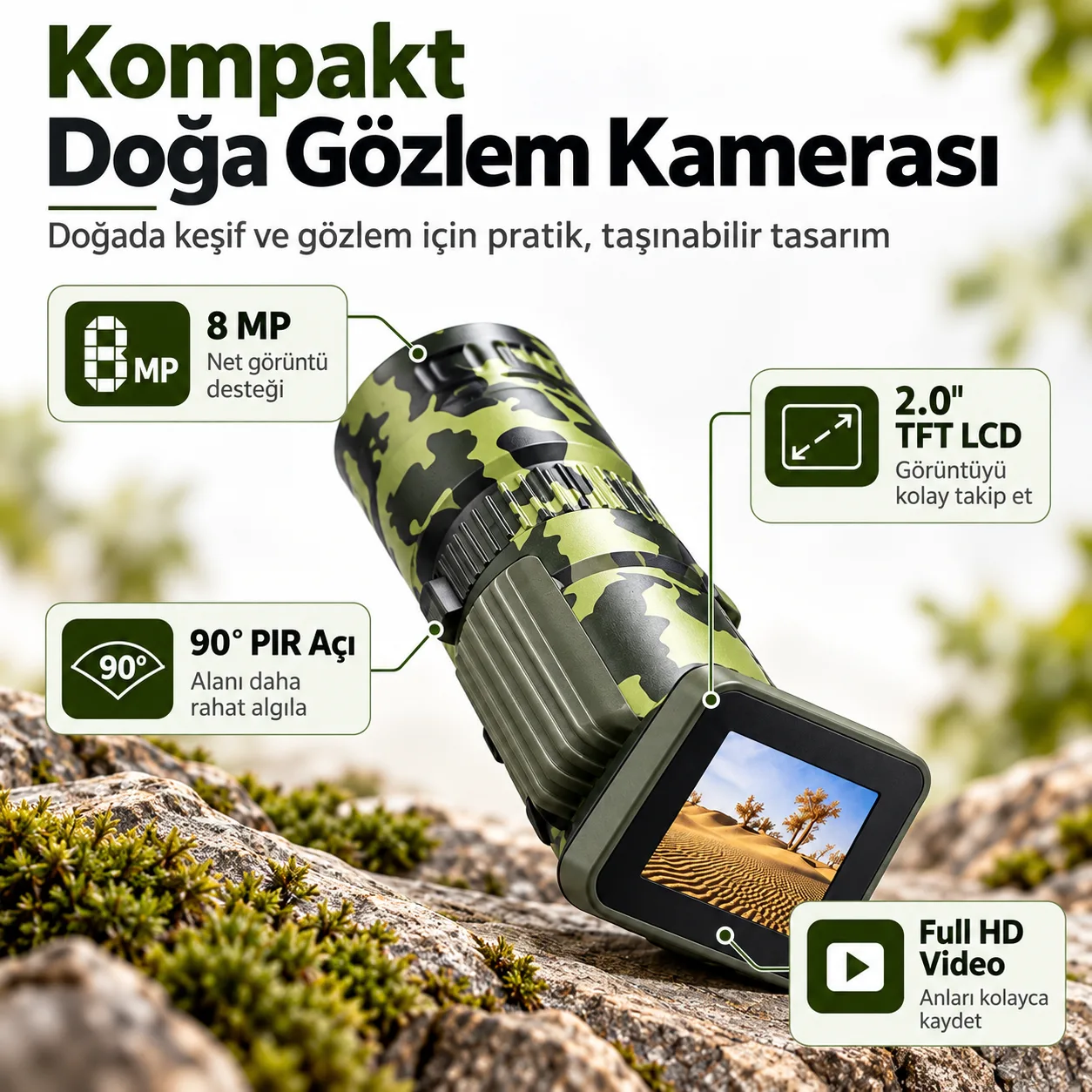 8 MP Dijital Doğa Gözlem Kamerası – 2.0 İnç TFT LCD Ekran ve Full HD Video