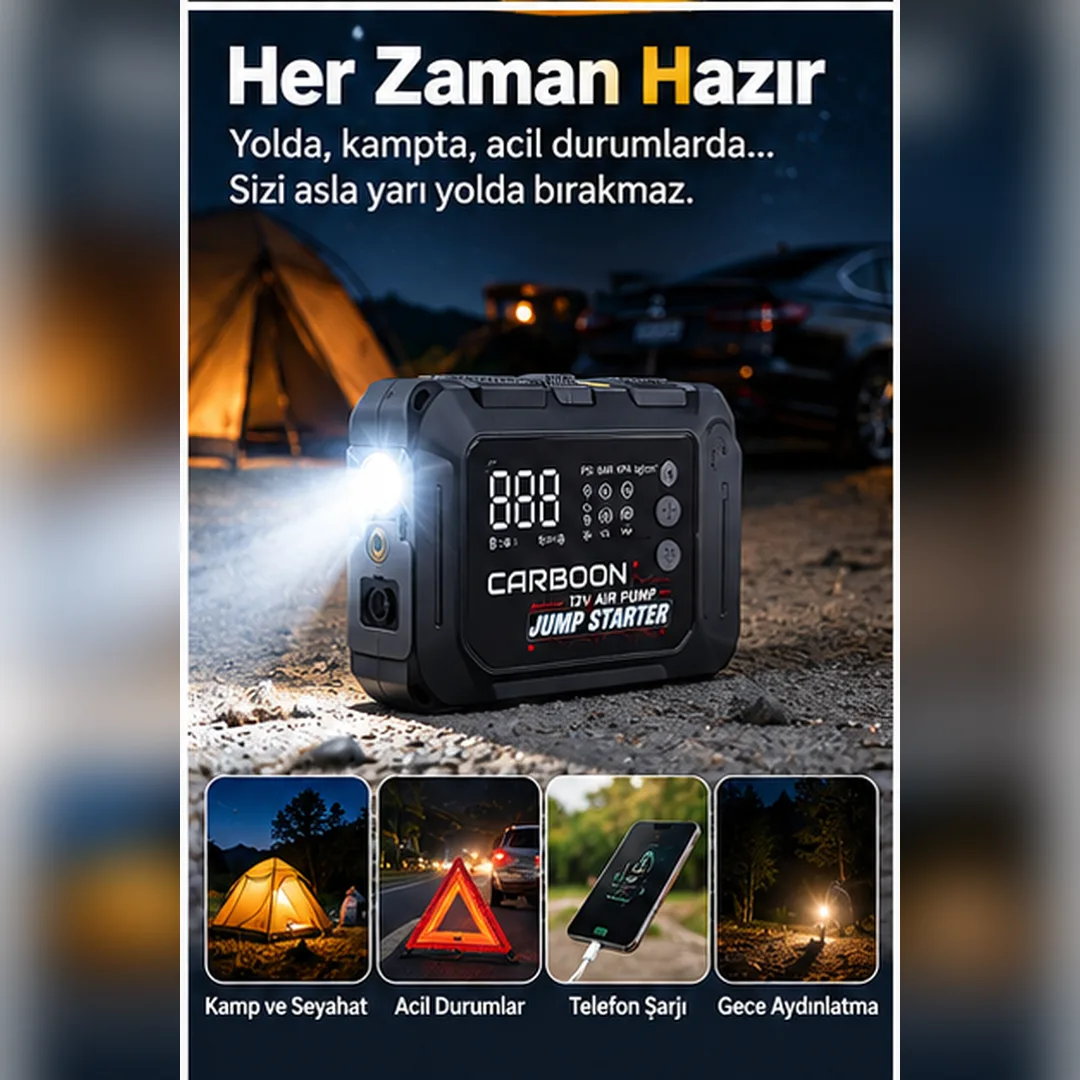 Carboon CAR-78 Jump Starter ve Hava Kompresörü – 12.000 mAh Akü Takviye, 45W USB-C ve Dijital Lastik Şişirme