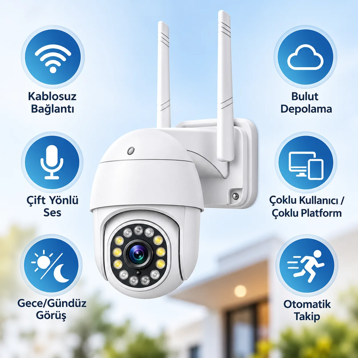 Smart WiFi PTZ Güvenlik Kamerası – Otomatik Takip, Gece Görüşü ve Çift Yönlü Ses
