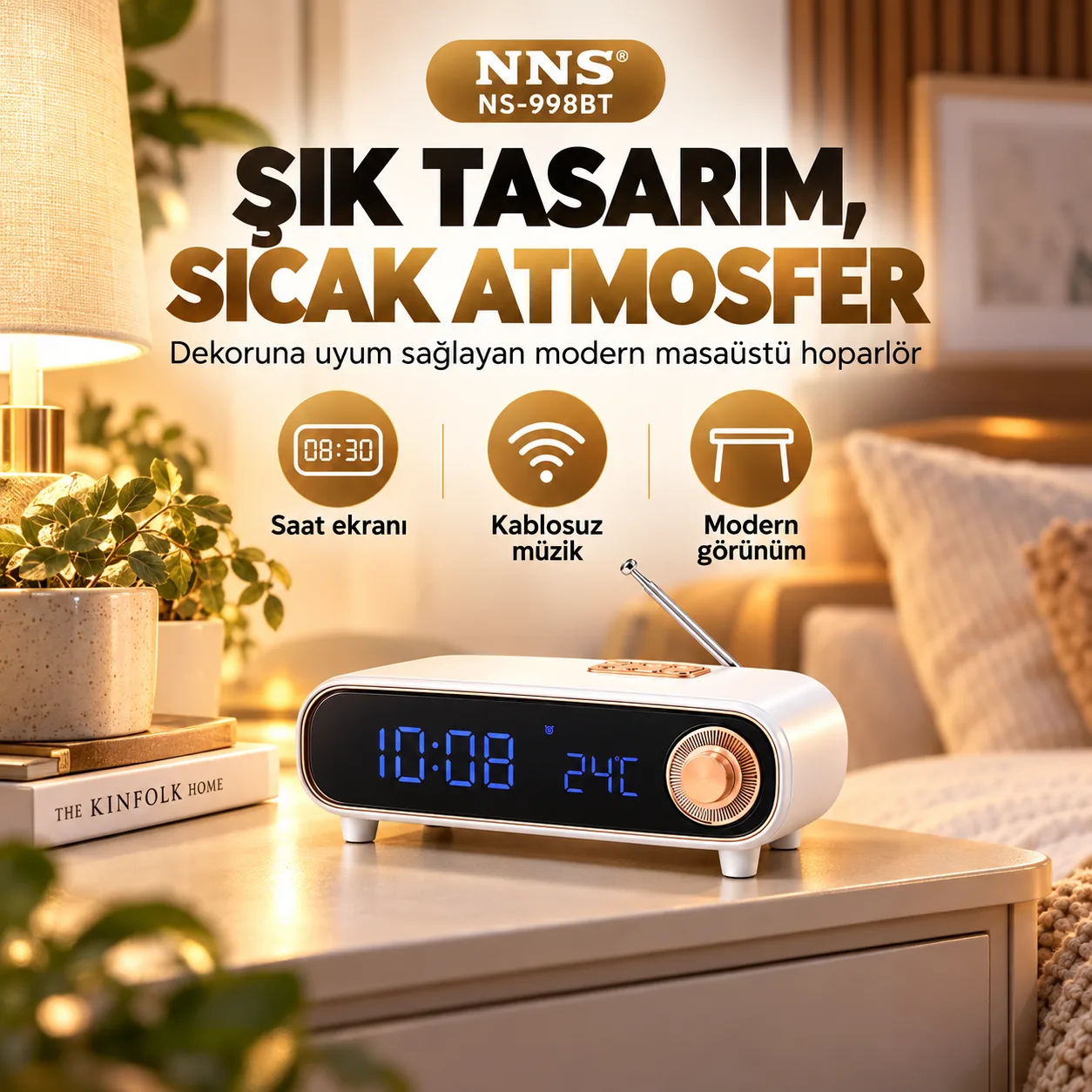 INNS NS-998BT Kablosuz Masaüstü Hoparlör – Dijital Saat Ekranı, FM Radyo ve 128 GB Kart Desteği