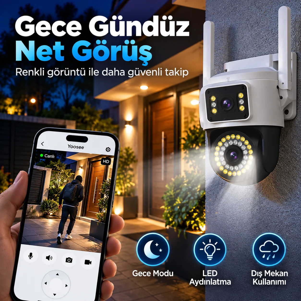 Yoosee WiFi Akıllı Güvenlik Kamerası – Çift Kameralı, 320° Döner, Gece Görüşlü Dış Mekan Kamera