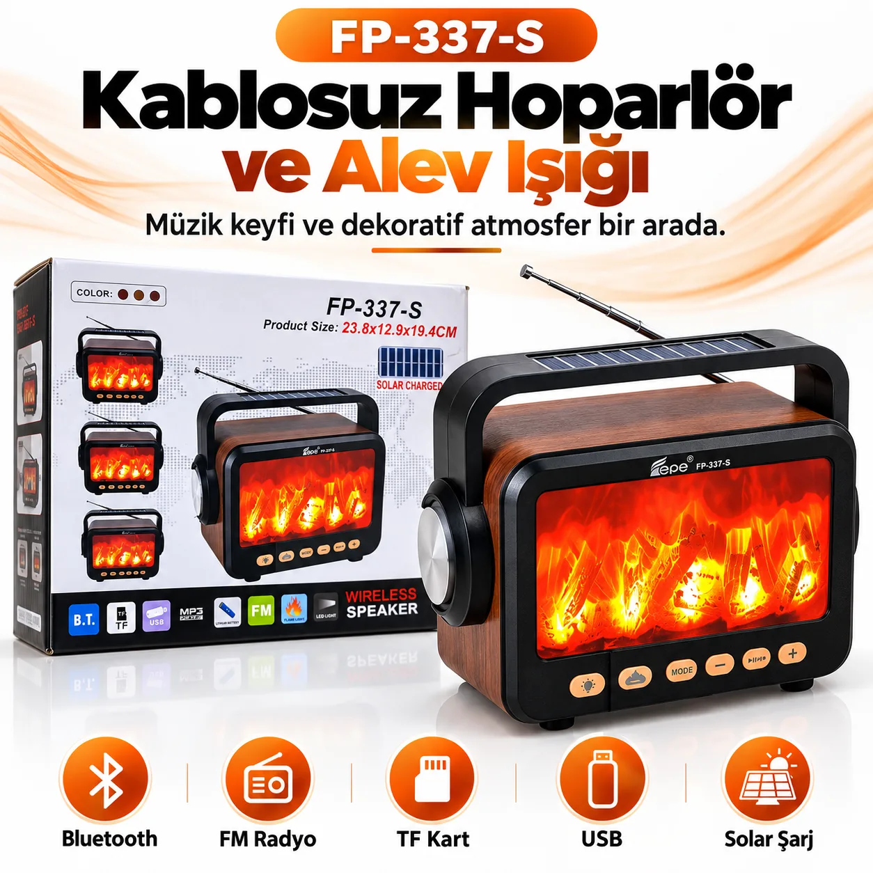 FP-337-S Kablosuz Bluetooth Hoparlör – Alev Efektli, Solar Şarjlı, FM Radyolu ve USB/TF Kart Destekli