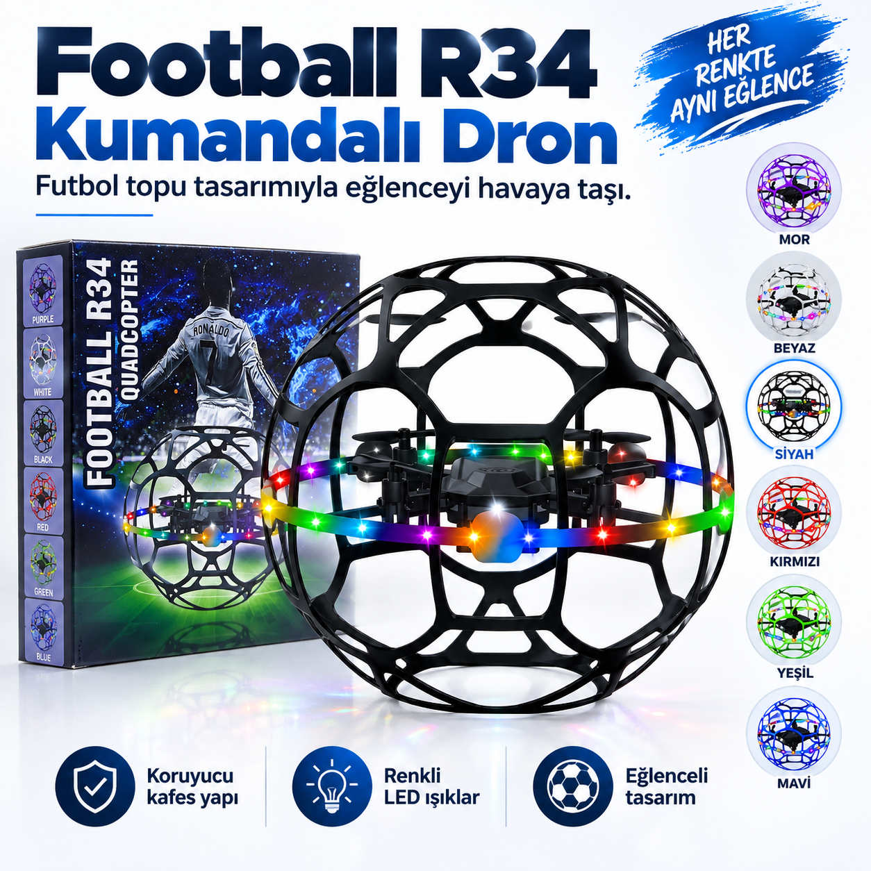 R34 Futbol Topu Tasarımlı Kumandalı Drone – LED Işıklı Koruyucu Kafesli Mini Drone