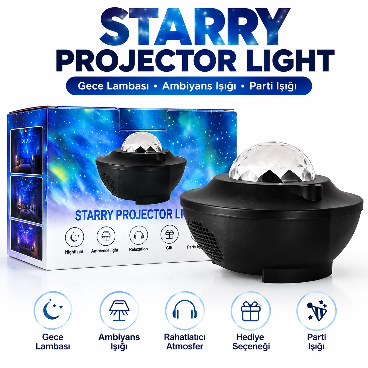 Starry Projector Light Yıldızlı Gece Lambası – Ambiyans ve Parti Işığı