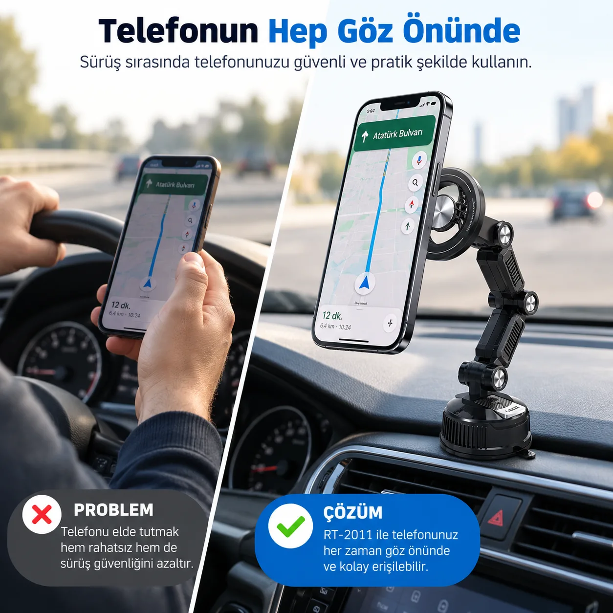 RT-2011 Manyetik Araç Telefon Tutucu – Vakumlu, 360° Ayarlanabilir Güçlü Mıknatıslı Tutacak