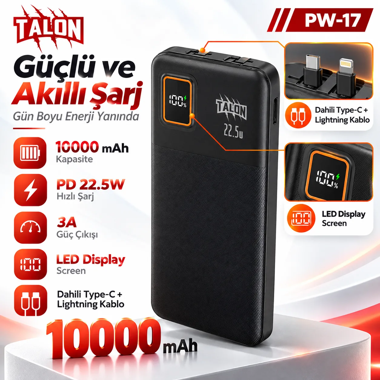 Talon PW-17 10.000 mAh Powerbank – PD 22.5W Hızlı Şarj, Dahili Type-C ve Lightning Kablolu