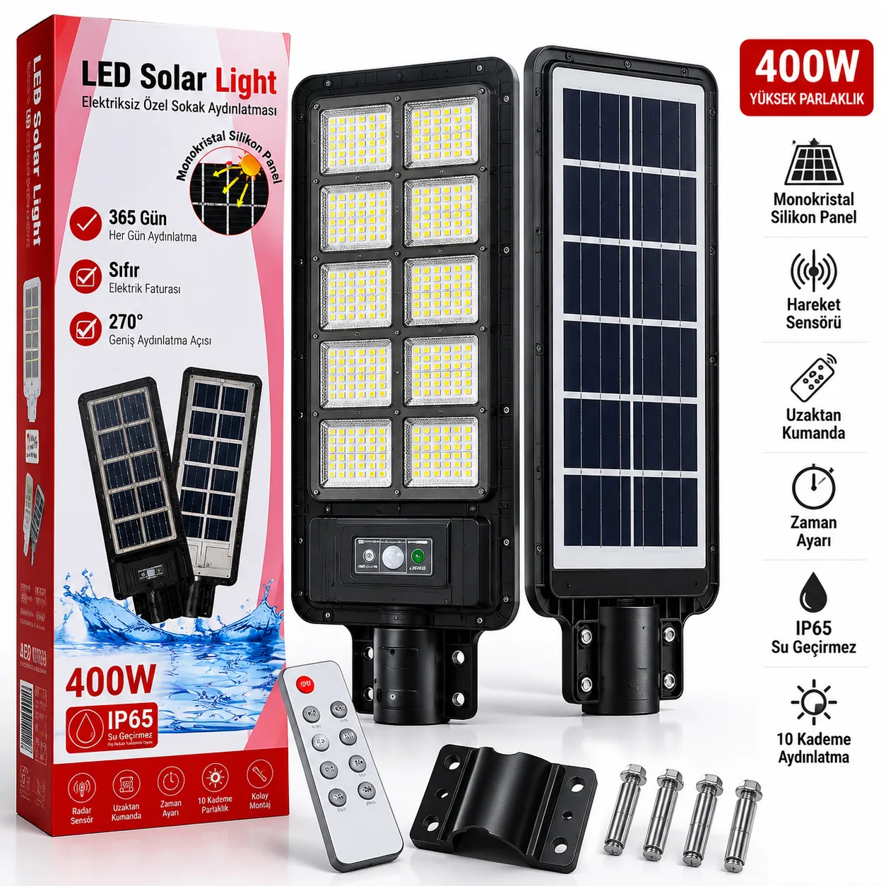 400W Güneş Enerjili LED Solar Sokak Lambası – IP65, Hareket Sensörlü ve Kumandalı