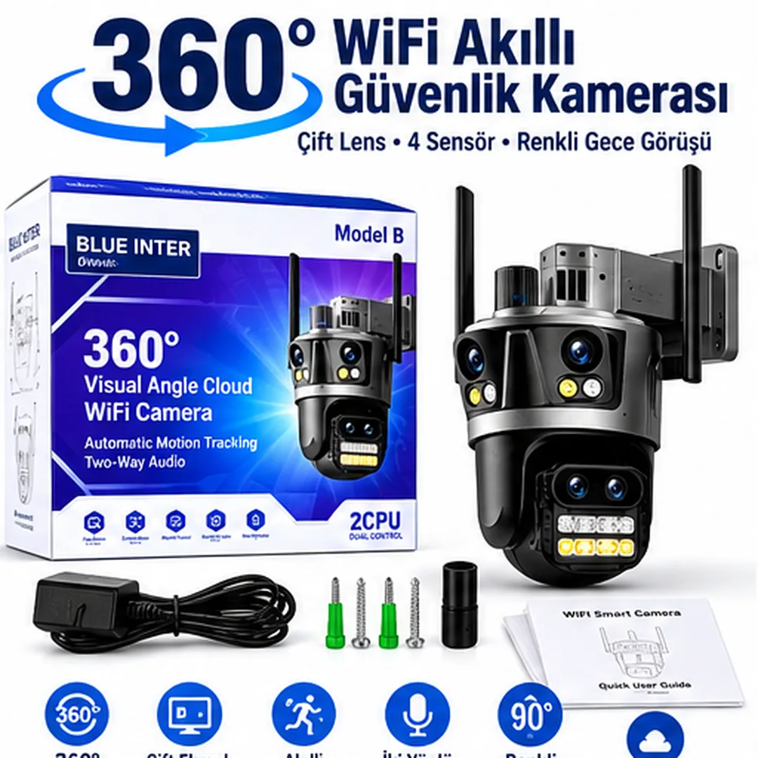 Blue Inter Model B 360° WiFi Akıllı Güvenlik Kamerası – Çift Lens, Hareket Takibi ve Renkli Gece Görüşü