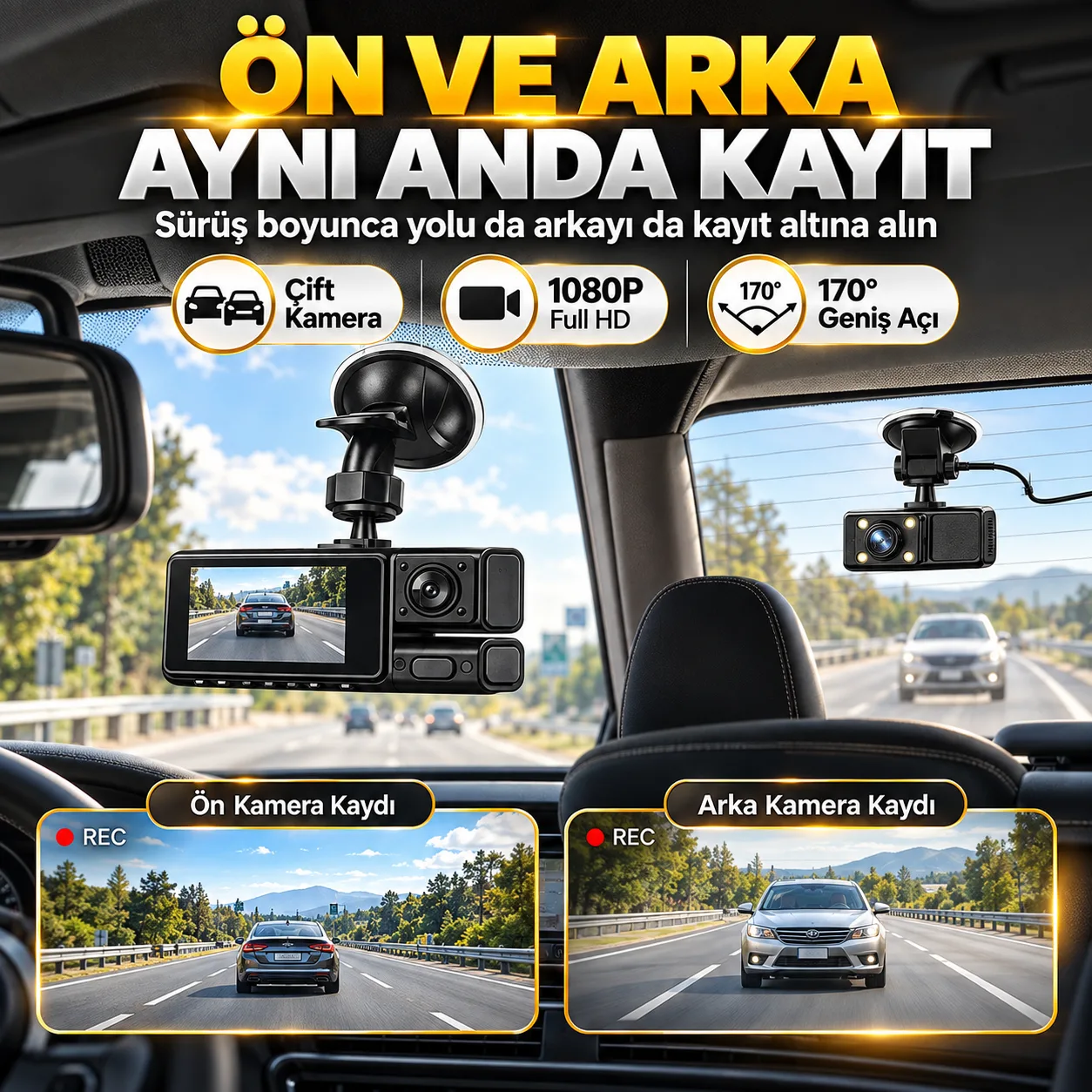 1080P Ön Arka Araç Kamerası – 170° Geniş Açı