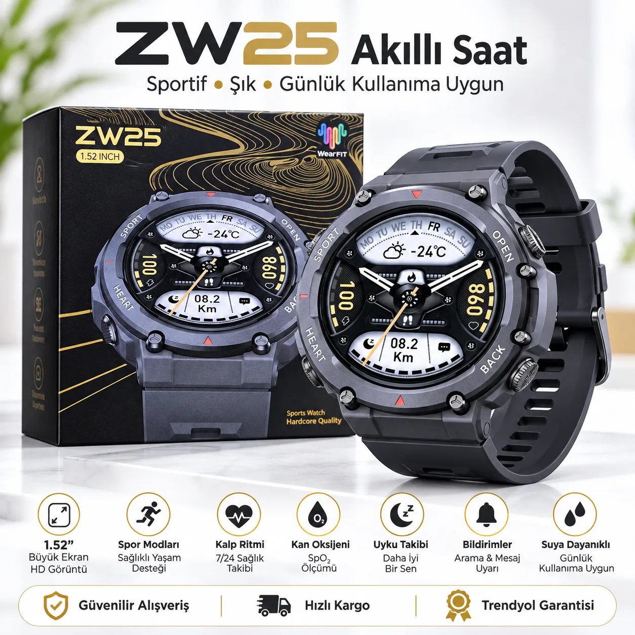ZW25 Akıllı Saat – 1.52 İnç AMOLED Ekran, Bluetooth Arama, WearFit Pro ve IP67