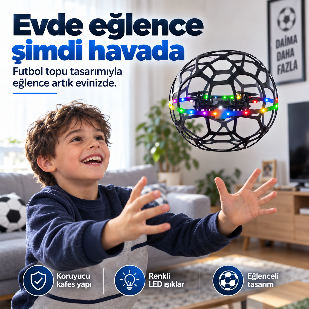 R34 Futbol Topu Tasarımlı Kumandalı Drone – LED Işıklı Koruyucu Kafesli Mini Drone