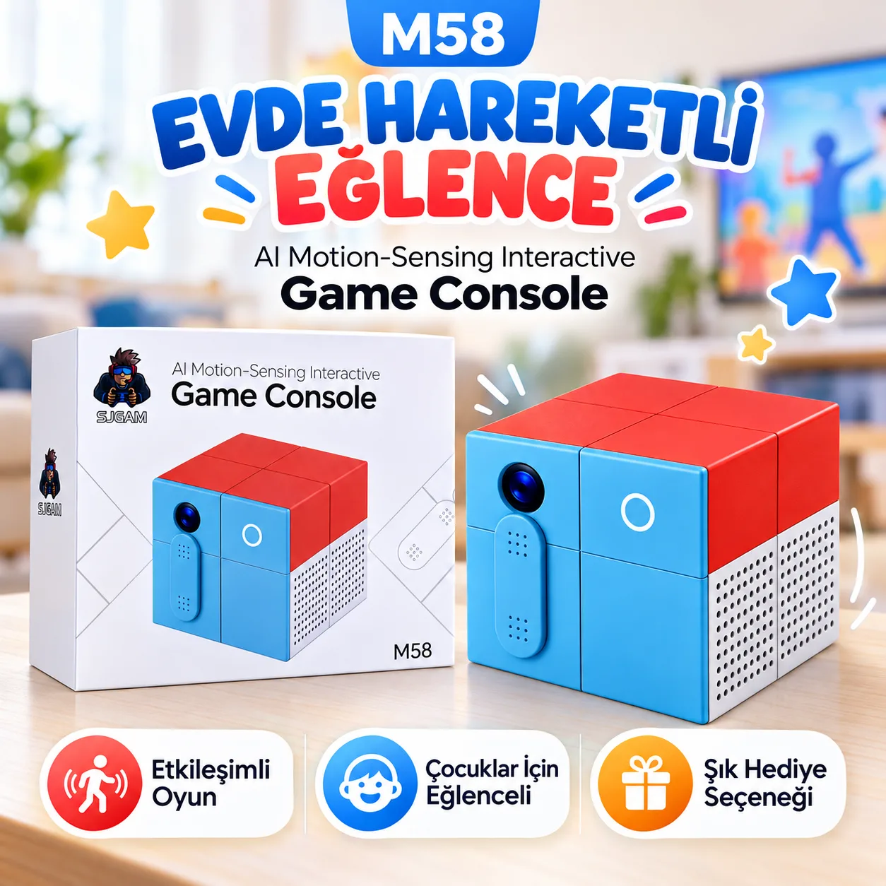 SJGAM M58 AI Hareket Algılamalı Oyun Konsolu – İnteraktif Aile ve Çocuk Oyun Sistemi