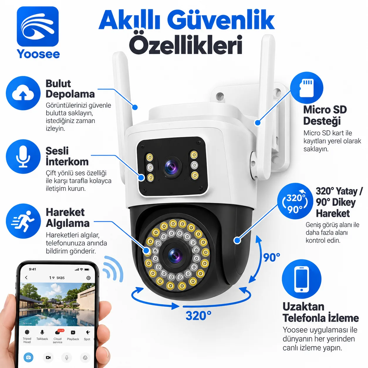 Yoosee WiFi Akıllı Güvenlik Kamerası – Çift Kameralı, 320° Döner, Gece Görüşlü Dış Mekan Kamera