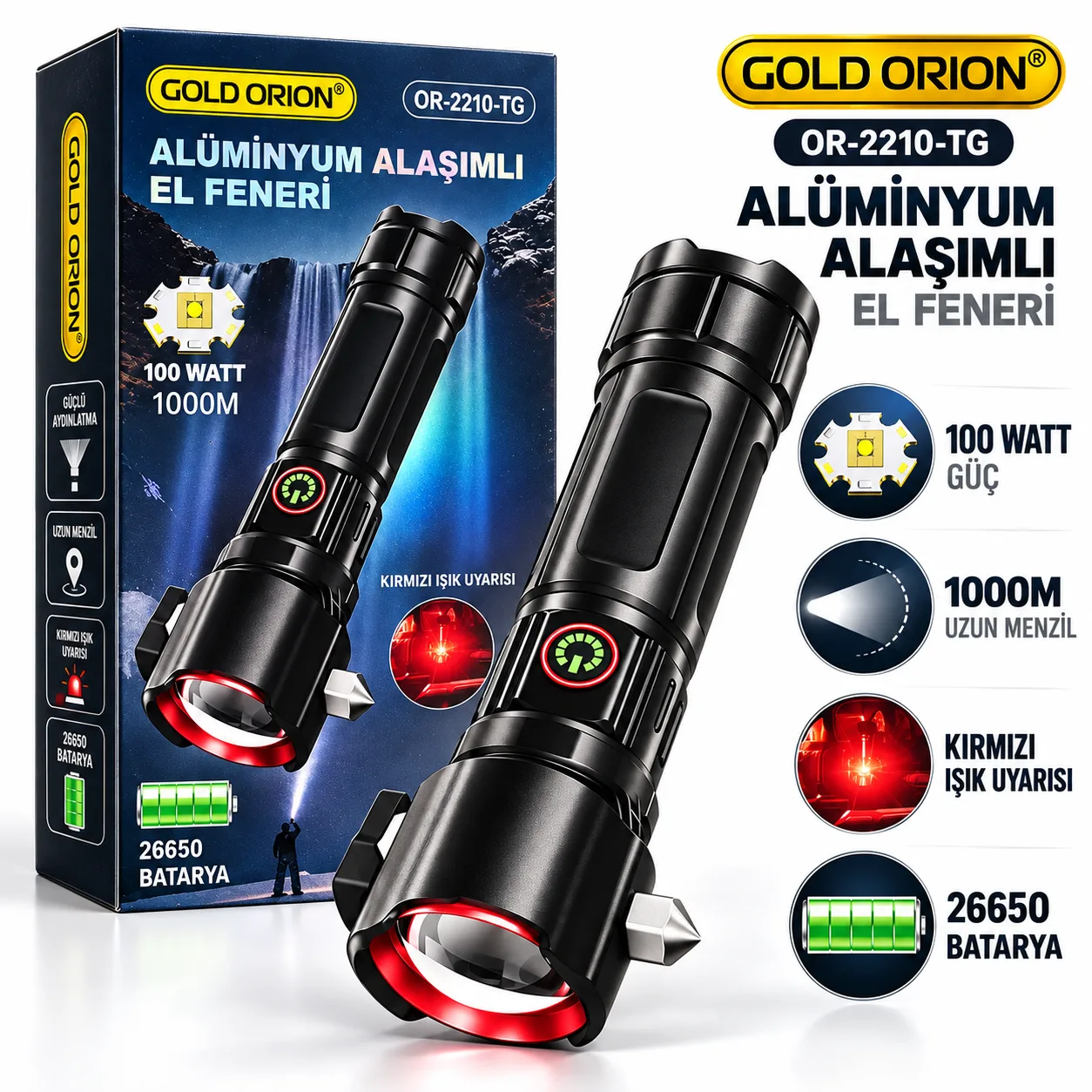 Gold Orion OR-2210-TG 100W Şarjlı El Feneri – 1000 Metre Menzil, Alüminyum Alaşım
