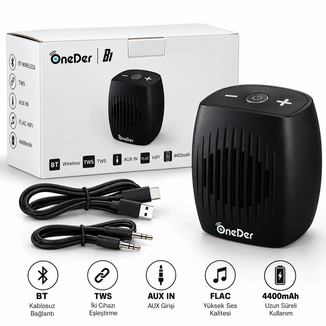 OneDer Bluetooth Hoparlör – TWS, AUX Girişli, FLAC Destekli 4400 mAh Taşınabilir Speaker