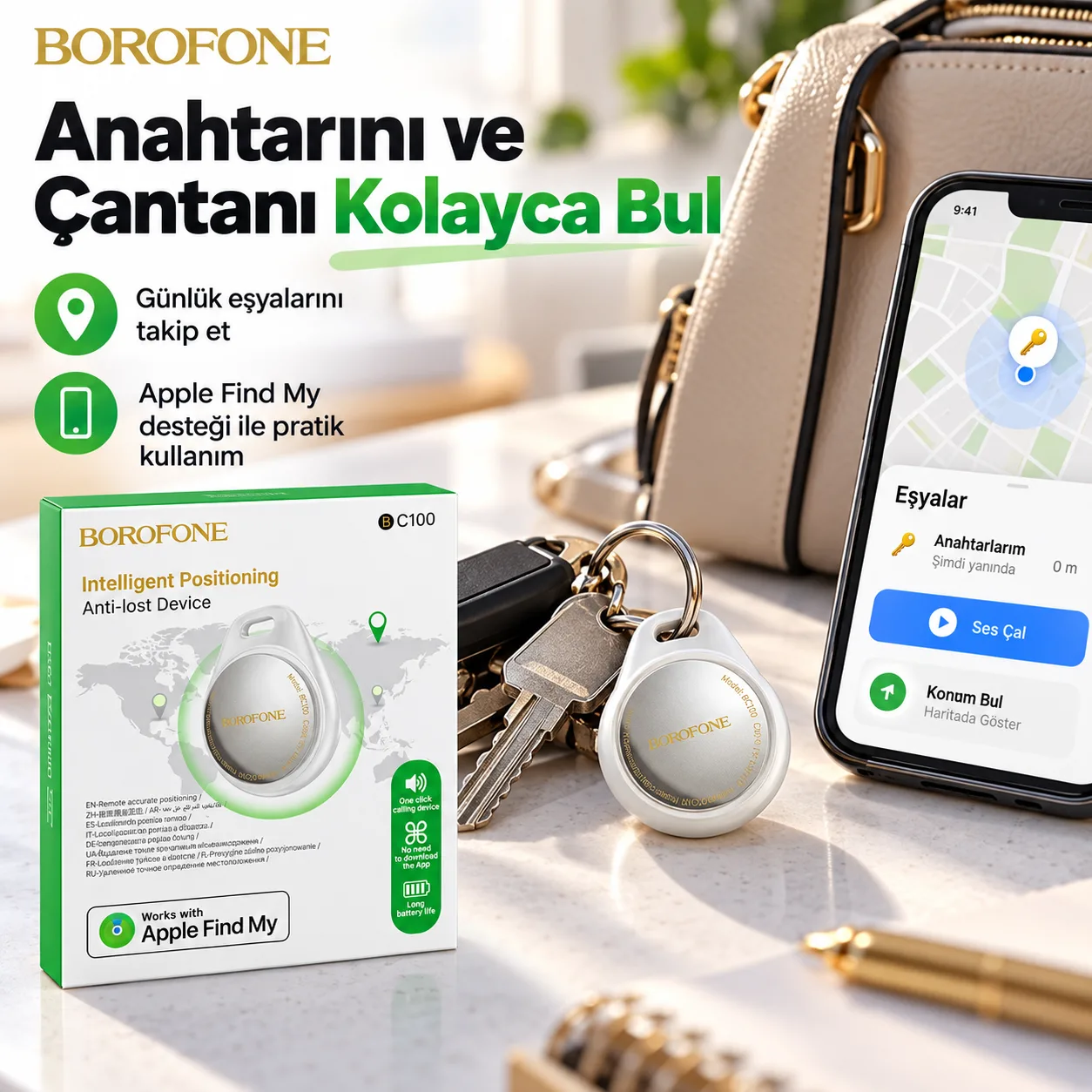 Borofone BC100 Apple Find My Uyumlu Akıllı Konum Takip Cihazı – Kayıp Önleyici Bluetooth Tracker