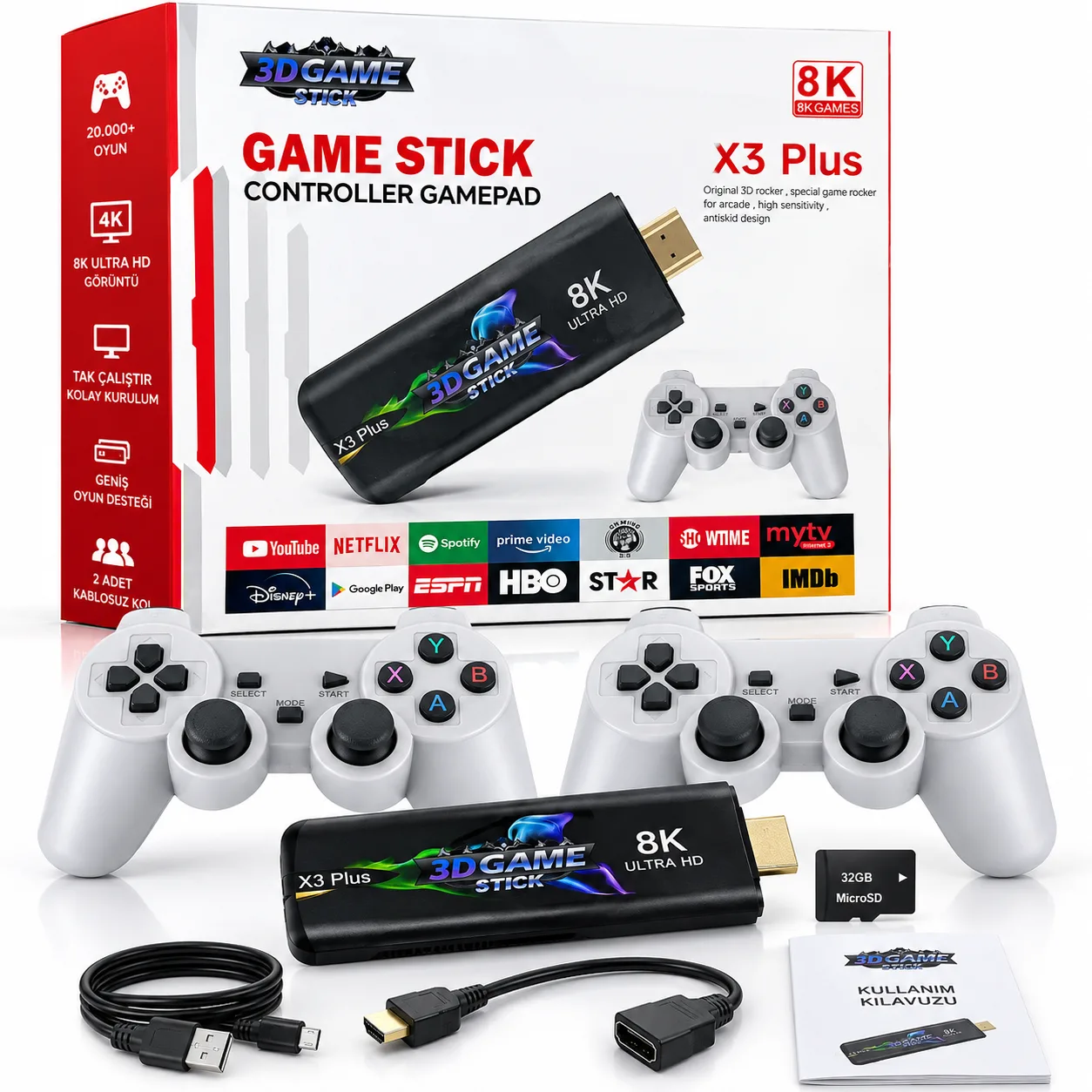3D Game Stick Retro Oyun Konsolu – 20.000 Oyun, 2 Kol