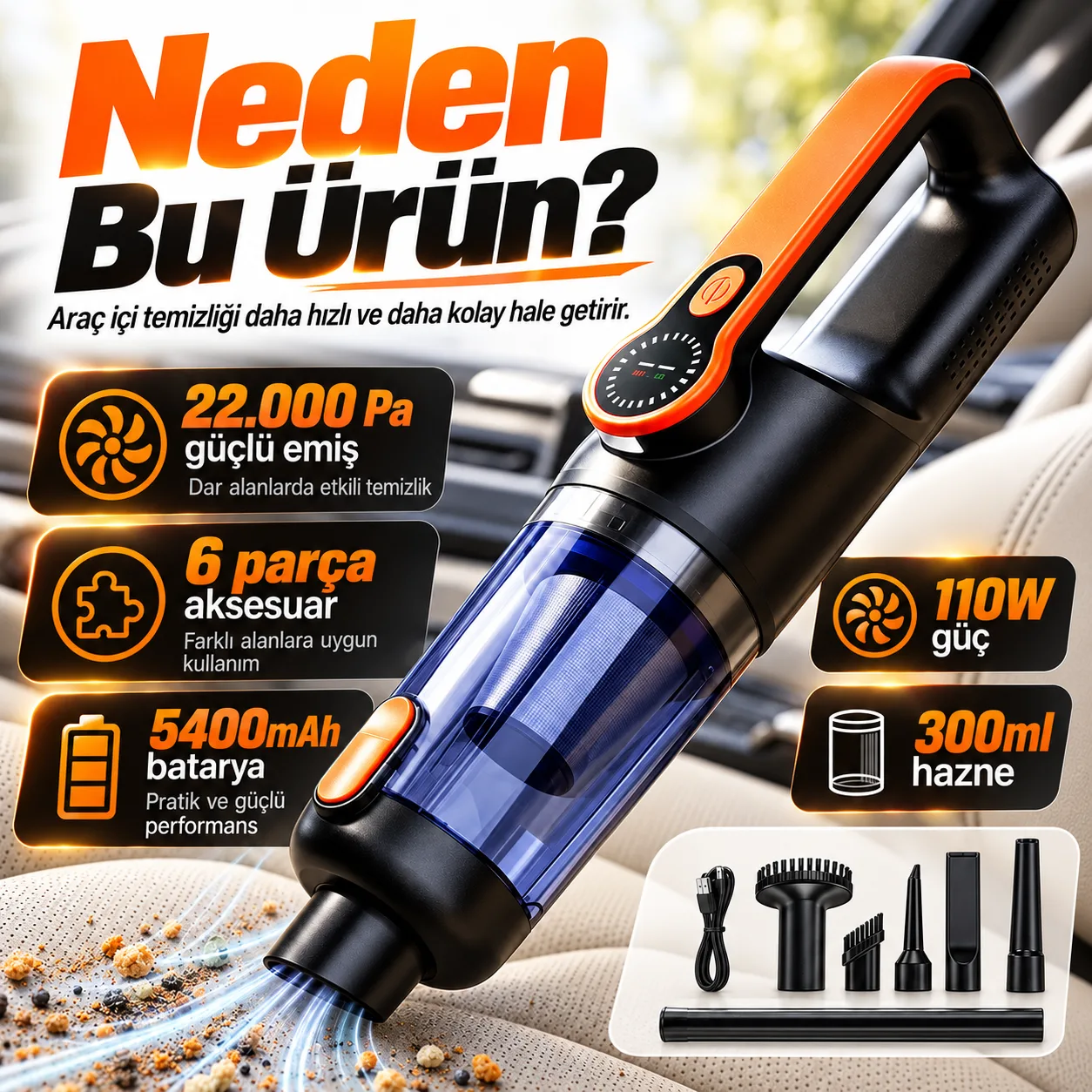 22.000Pa Kablosuz Araç Süpürgesi – Şarjlı, LED Işıklı