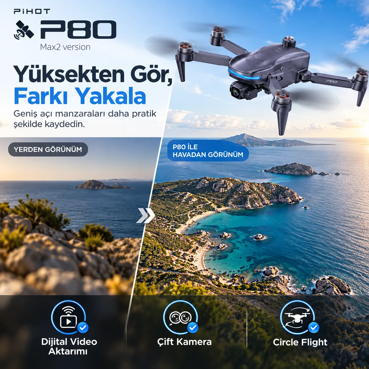 Pihot P80 Max 2 GPS Drone – 6 KM Menzil, 500 M Yükseklik, Mekanik Gimbal ve Fırçasız Motor